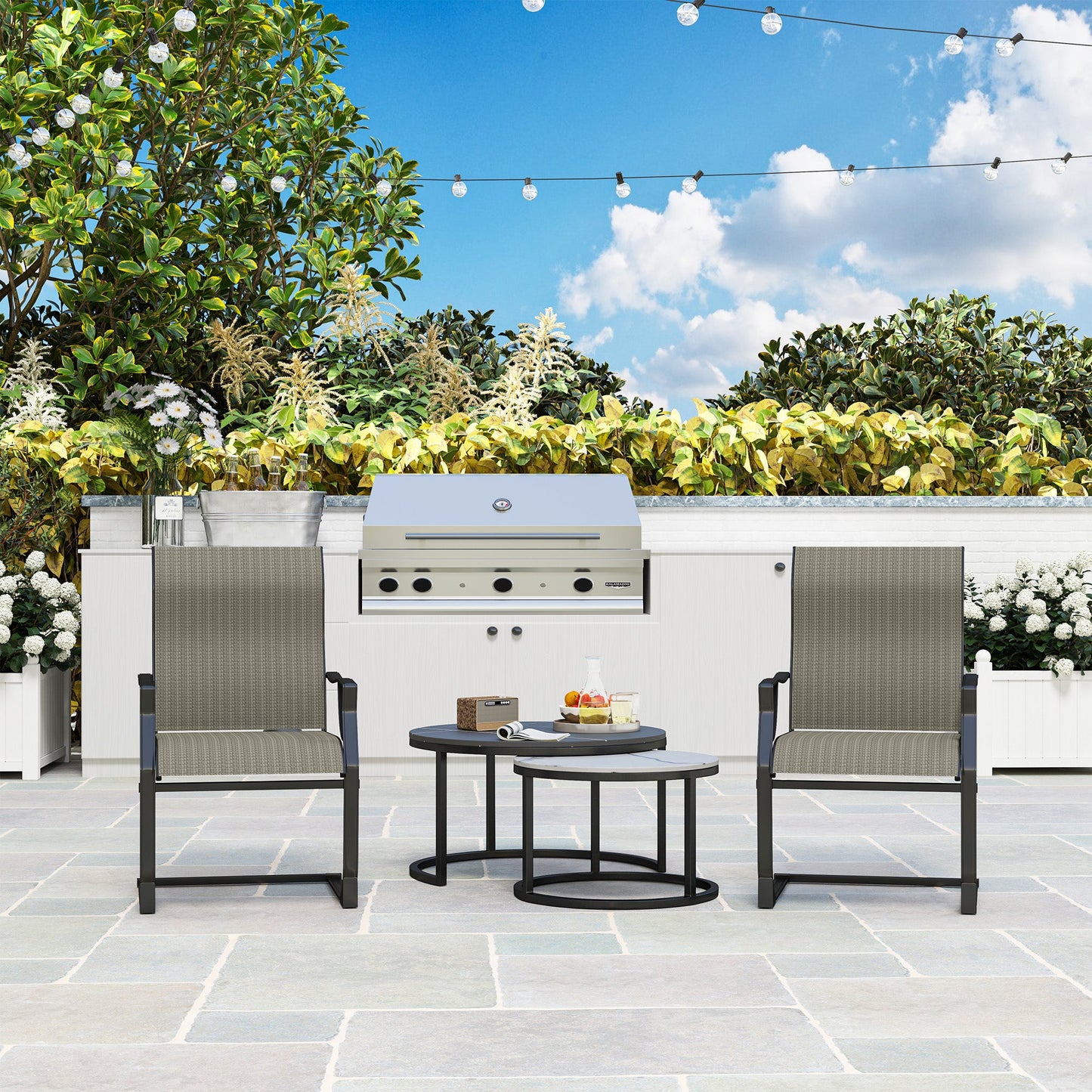 Patio Chairs Set of 2, C Spring Motion Outdoor Dining Chairs with High Back, Armrests, All Weather Breathable Fabric, Metal Frame, for Porch, Deck, Yard, Garden, Lawn