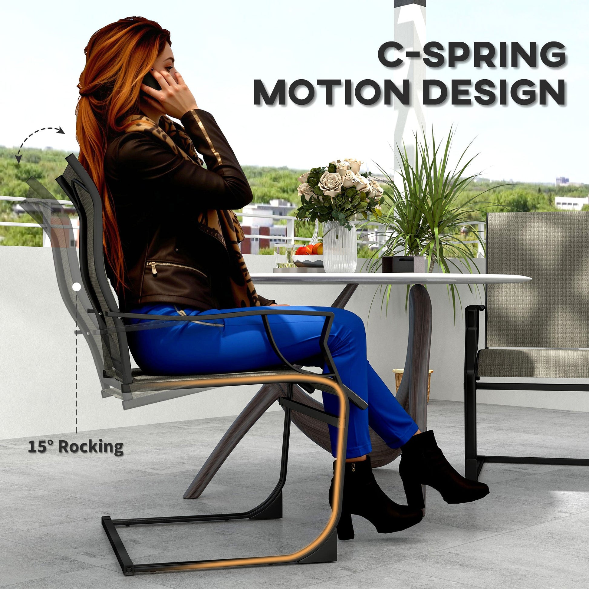 Patio Chairs Set of 2, C Spring Motion Outdoor Dining Chairs with High Back, Armrests, All Weather Breathable Fabric, Metal Frame, for Porch, Deck, Yard, Garden, Lawn