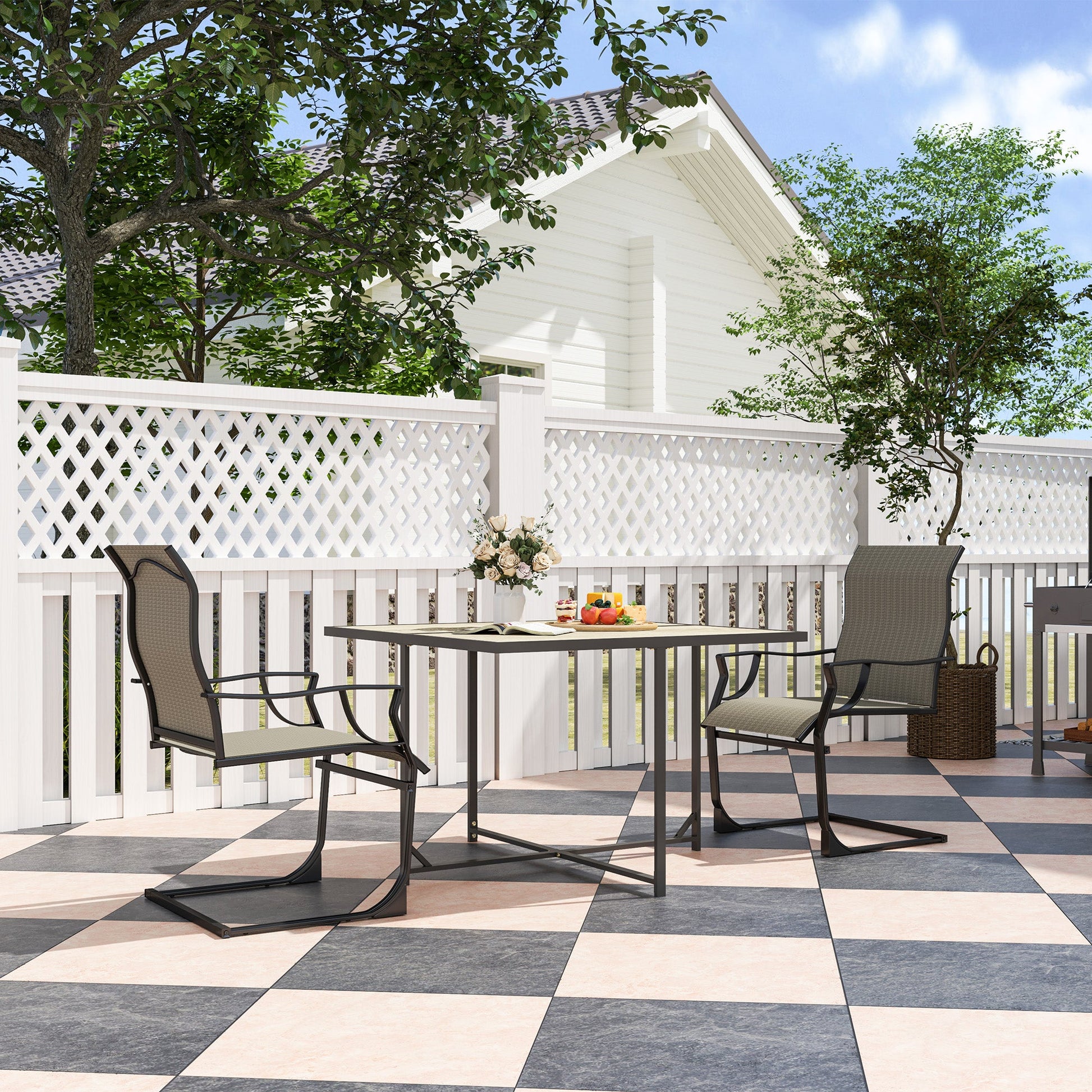 Patio Chairs Set of 2, C Spring Motion Outdoor Dining Chairs with High Back, Armrests, All Weather Breathable Fabric, Metal Frame, for Porch, Deck, Yard, Garden, Lawn