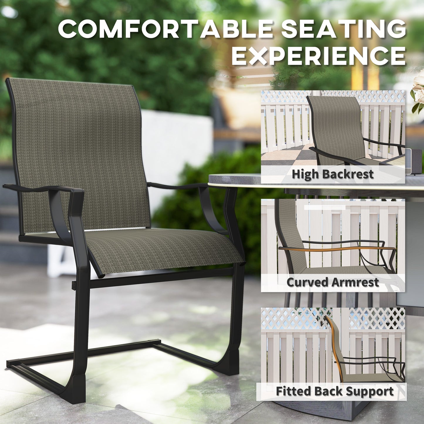 Patio Chairs Set of 2, C Spring Motion Outdoor Dining Chairs with High Back, Armrests, All Weather Breathable Fabric, Metal Frame, for Porch, Deck, Yard, Garden, Lawn