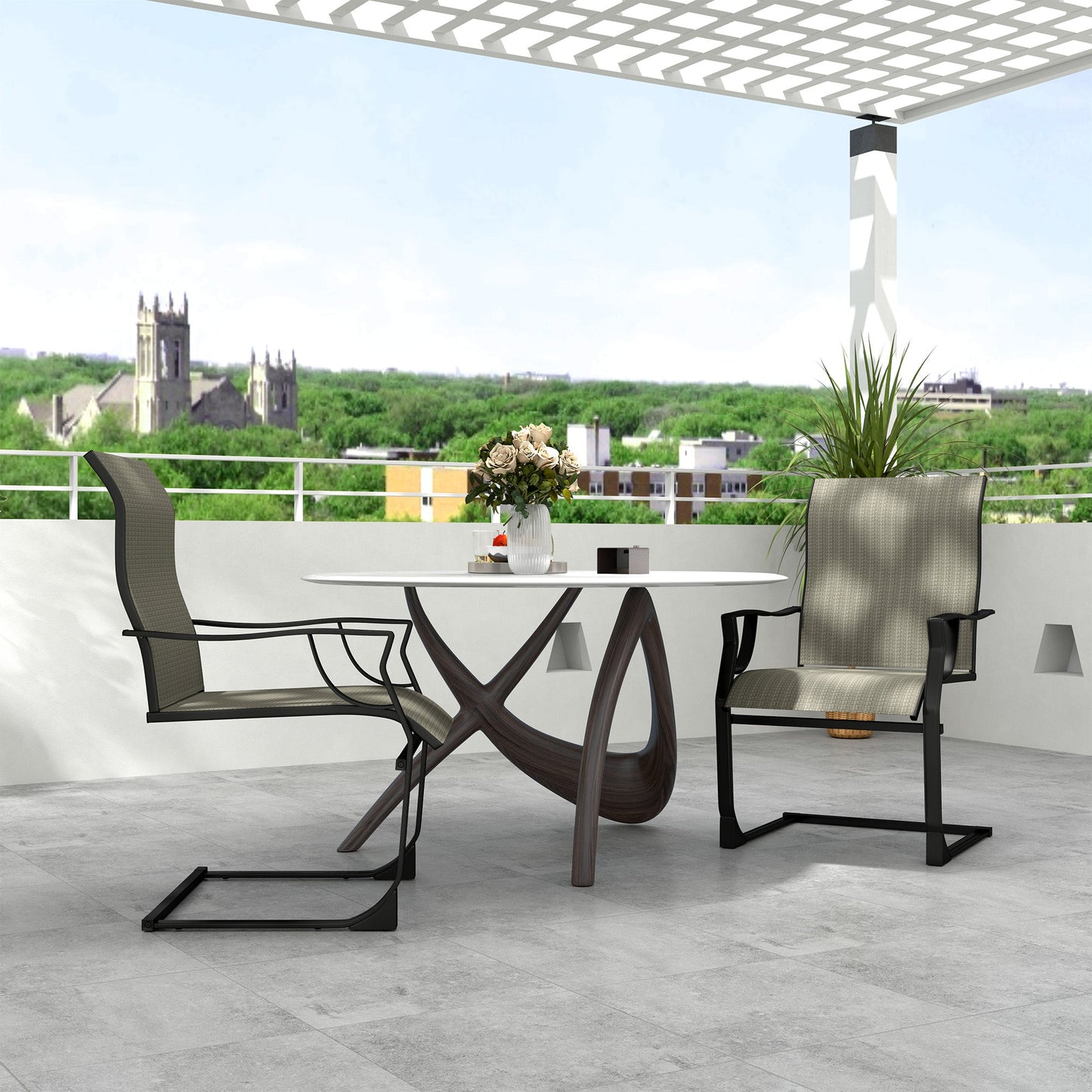 Patio Chairs Set of 2, C Spring Motion Outdoor Dining Chairs with High Back, Armrests, All Weather Breathable Fabric, Metal Frame, for Porch, Deck, Yard, Garden, Lawn