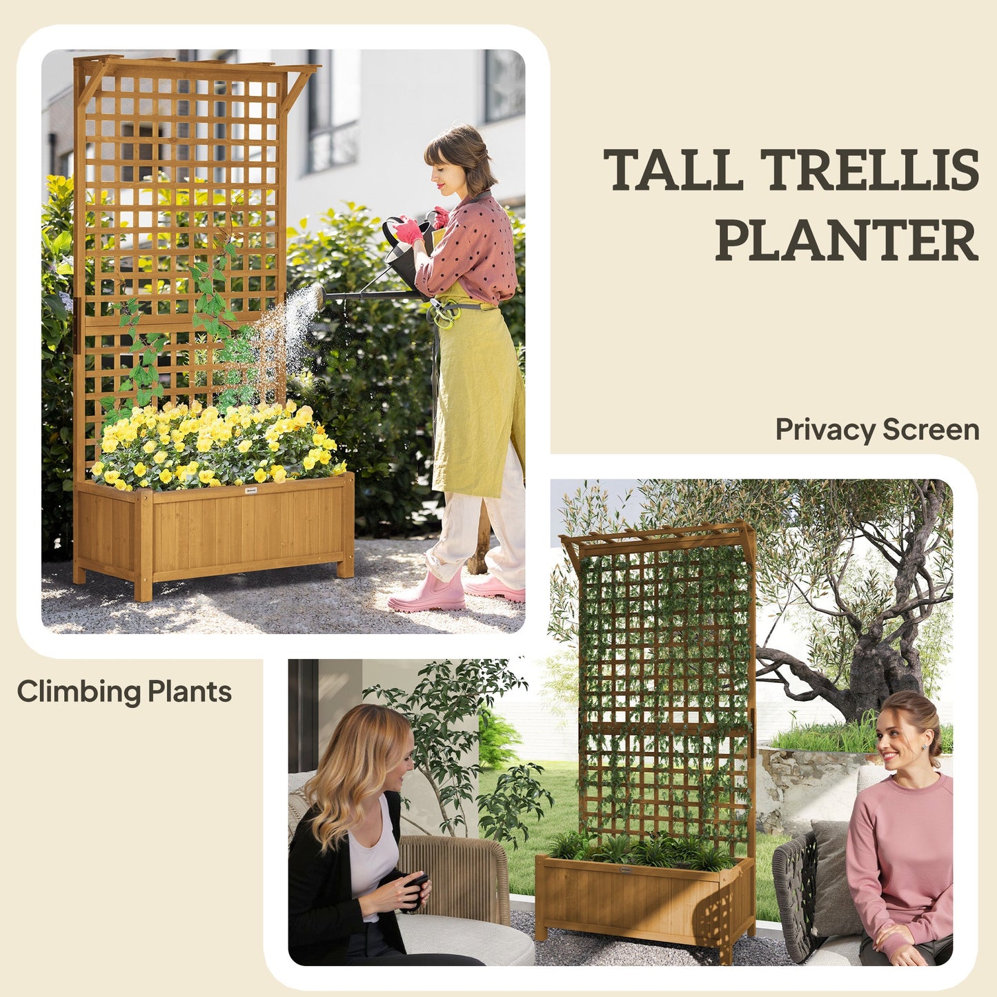 Raised Garden Bed, Wood Planter with Trellis for Vine Climbing, Privacy Screen Planter Box to Grow Vegetables, Herbs, and Flowers for Backyard, Patio, Deck, Yellow