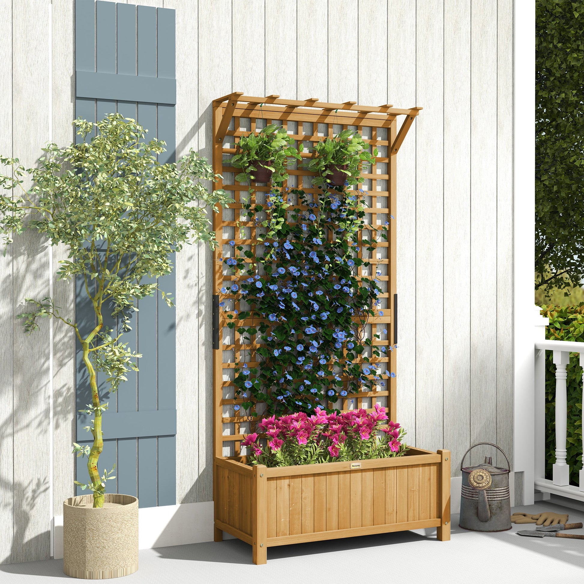 Raised Garden Bed, Wood Planter with Trellis for Vine Climbing, Privacy Screen Planter Box to Grow Vegetables, Herbs, and Flowers for Backyard, Patio, Deck, Yellow