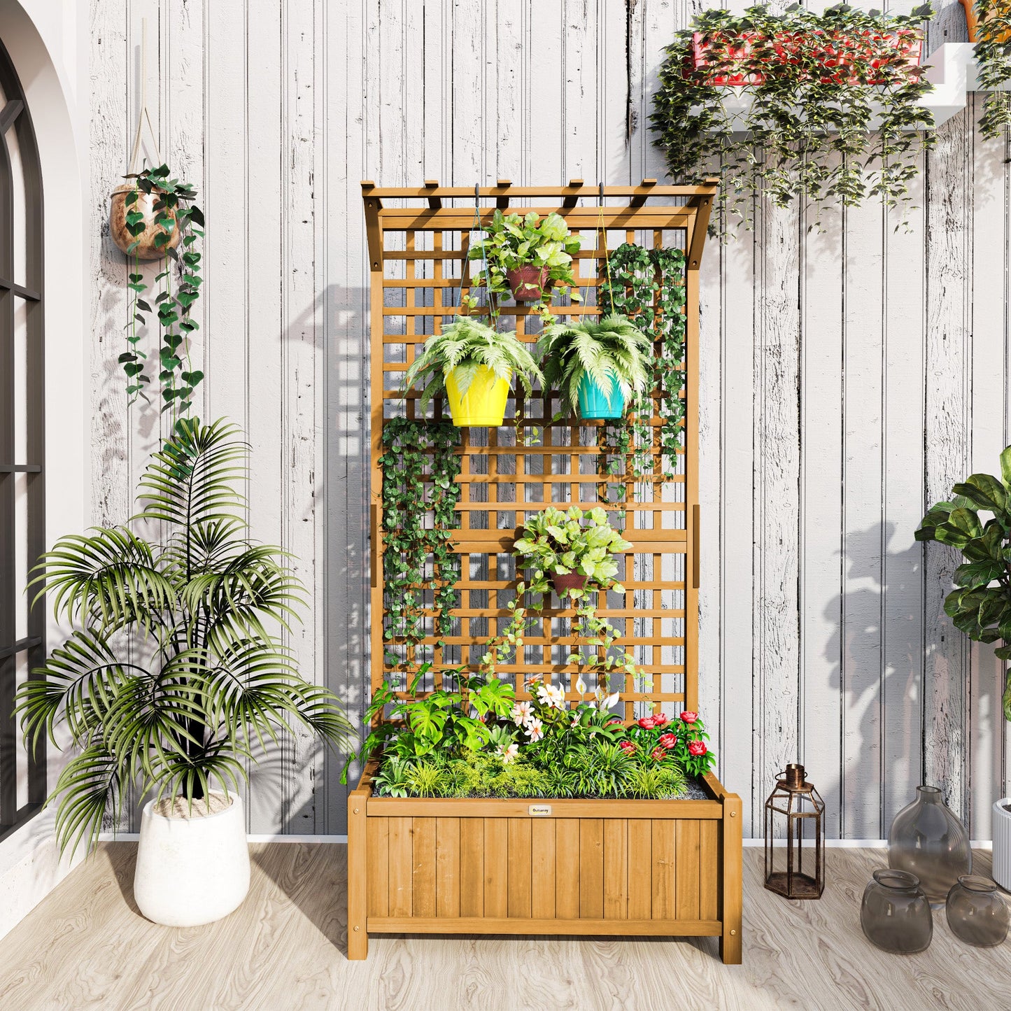 Raised Garden Bed, Wood Planter with Trellis for Vine Climbing, Privacy Screen Planter Box to Grow Vegetables, Herbs, and Flowers for Backyard, Patio, Deck, Yellow
