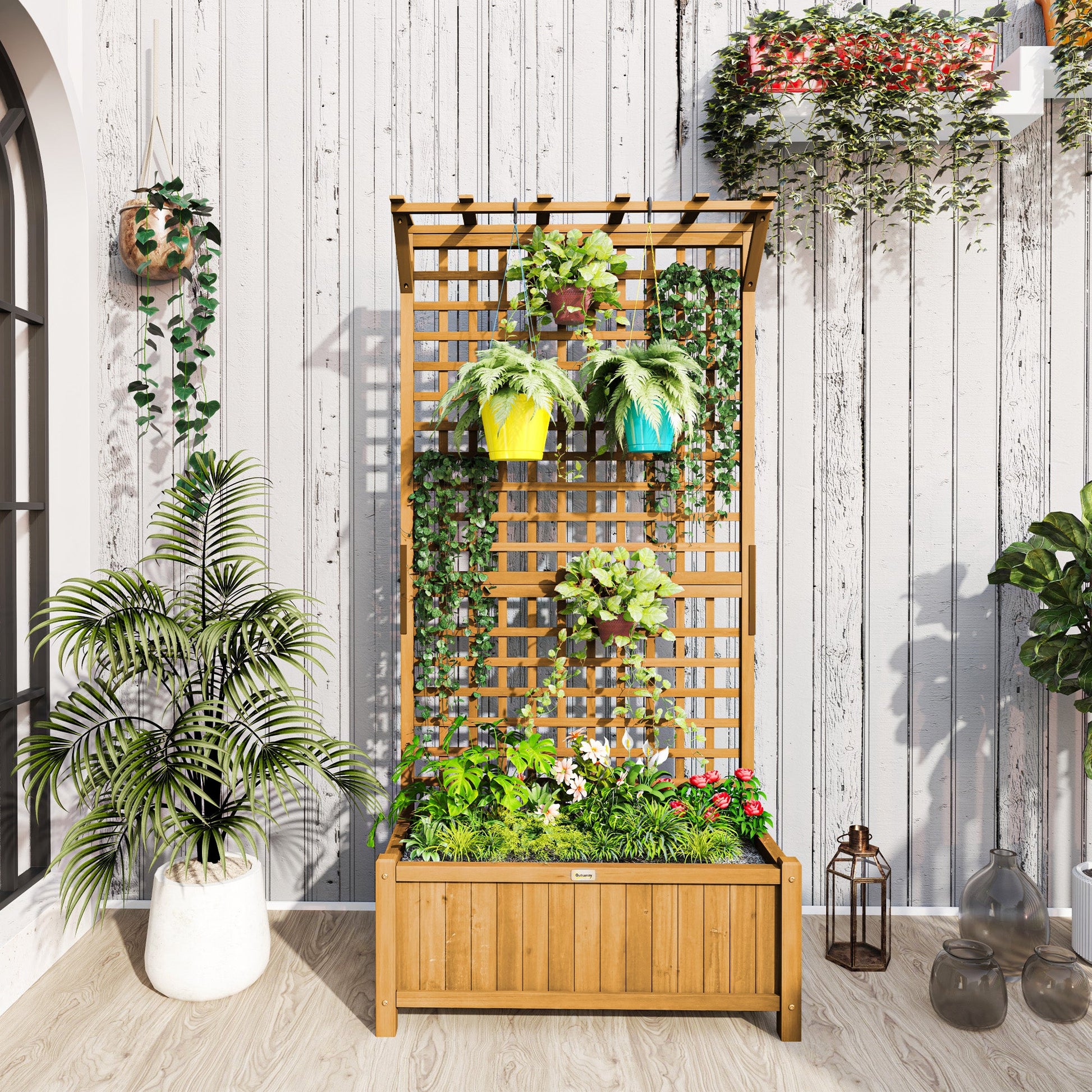 Raised Garden Bed, Wood Planter with Trellis for Vine Climbing, Privacy Screen Planter Box to Grow Vegetables, Herbs, and Flowers for Backyard, Patio, Deck, Yellow