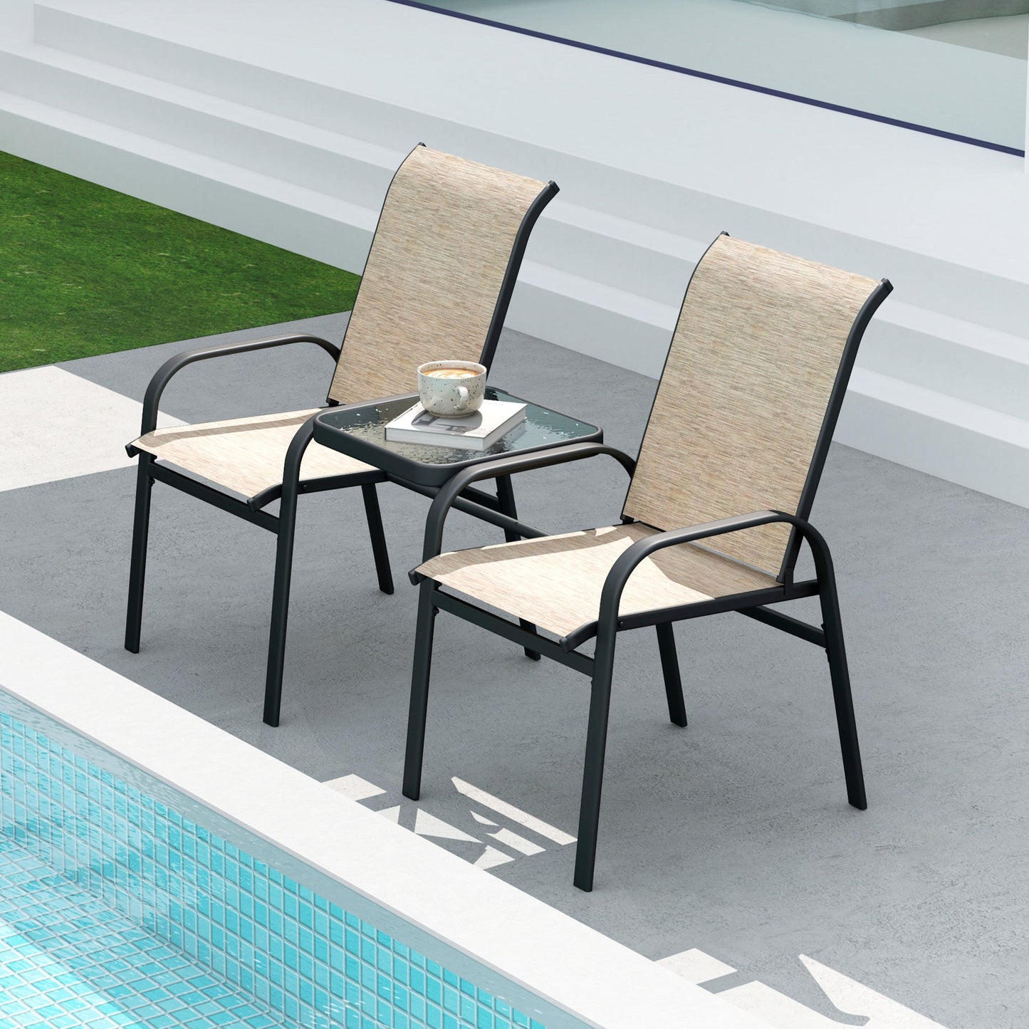 Outdoor Patio Loveseat, Outdoor Bench with Glass Table, Garden Bench with Breathable Mesh Seat, High Back, Armrests, 2-Seater Patio Furniture for Porch, Park, Brown
