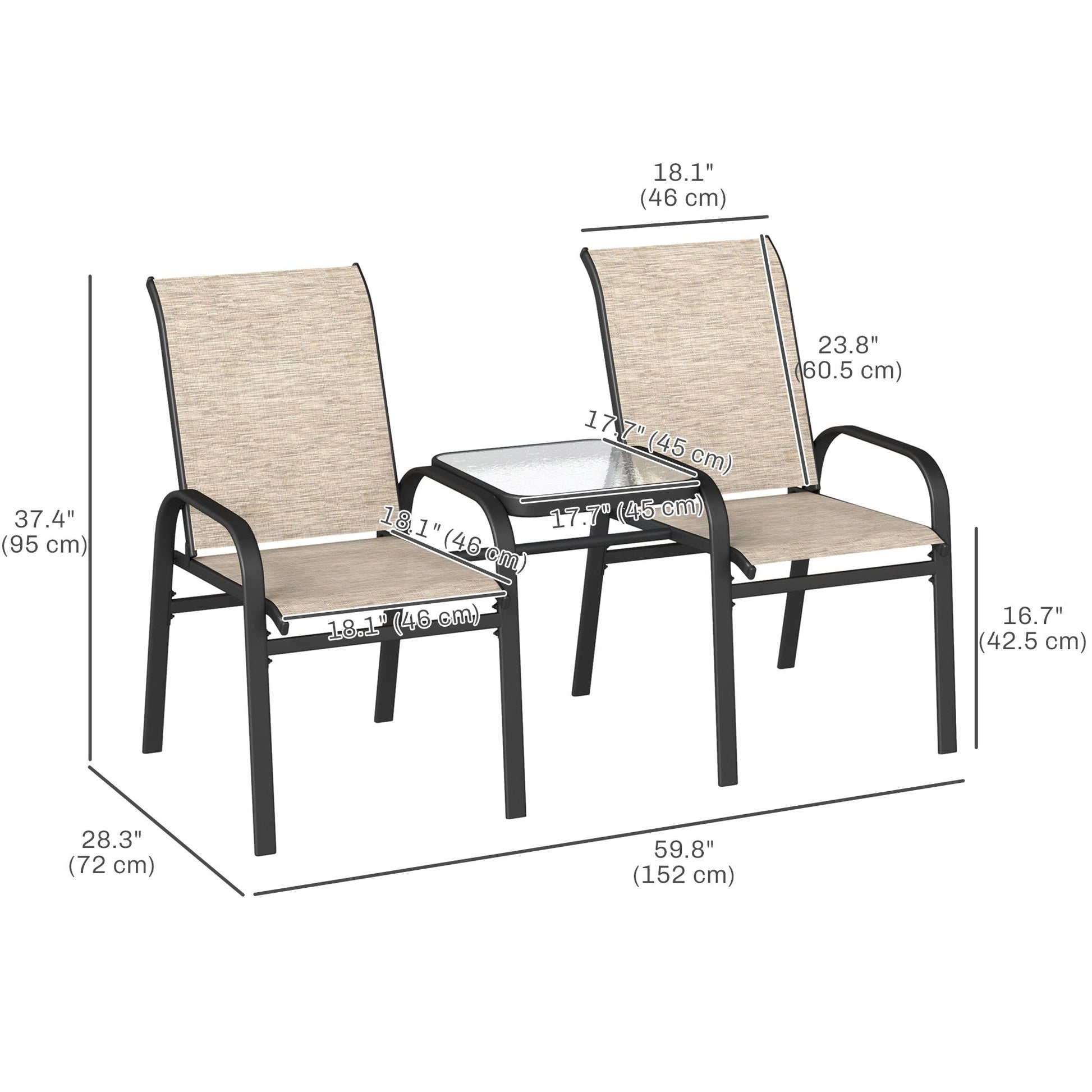 Outdoor Patio Loveseat, Outdoor Bench with Glass Table, Garden Bench with Breathable Mesh Seat, High Back, Armrests, 2-Seater Patio Furniture for Porch, Park, Brown