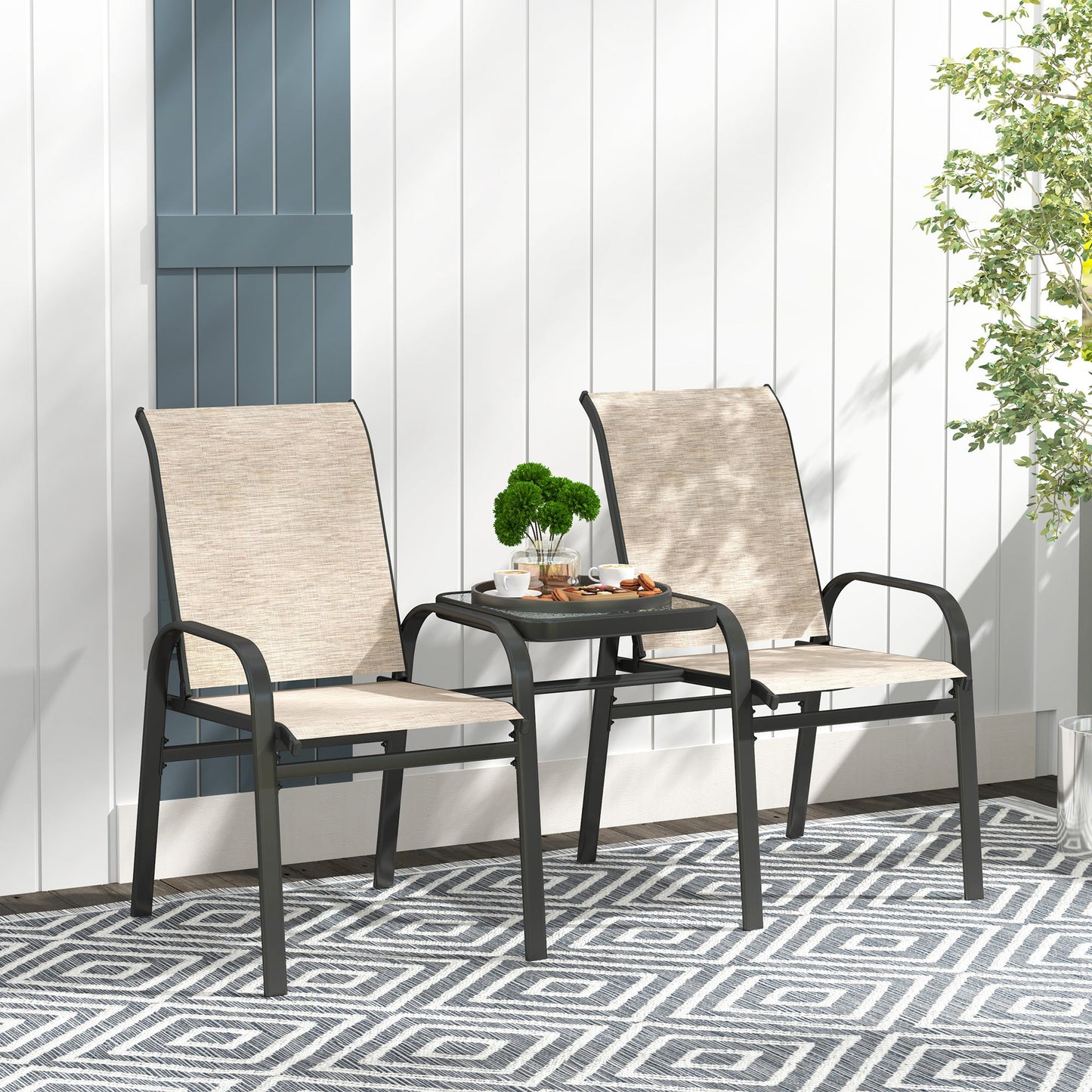 Outdoor Patio Loveseat, Outdoor Bench with Glass Table, Garden Bench with Breathable Mesh Seat, High Back, Armrests, 2-Seater Patio Furniture for Porch, Park, Brown