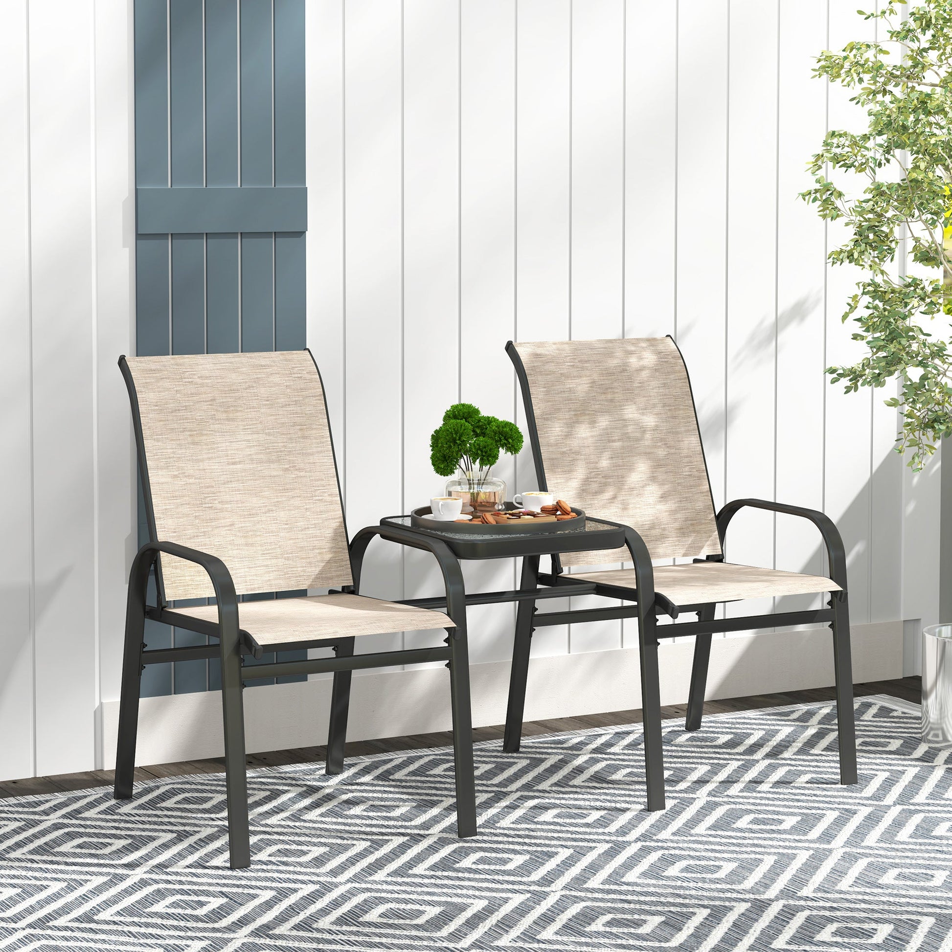 Outdoor Patio Loveseat, Outdoor Bench with Glass Table, Garden Bench with Breathable Mesh Seat, High Back, Armrests, 2-Seater Patio Furniture for Porch, Park, Brown