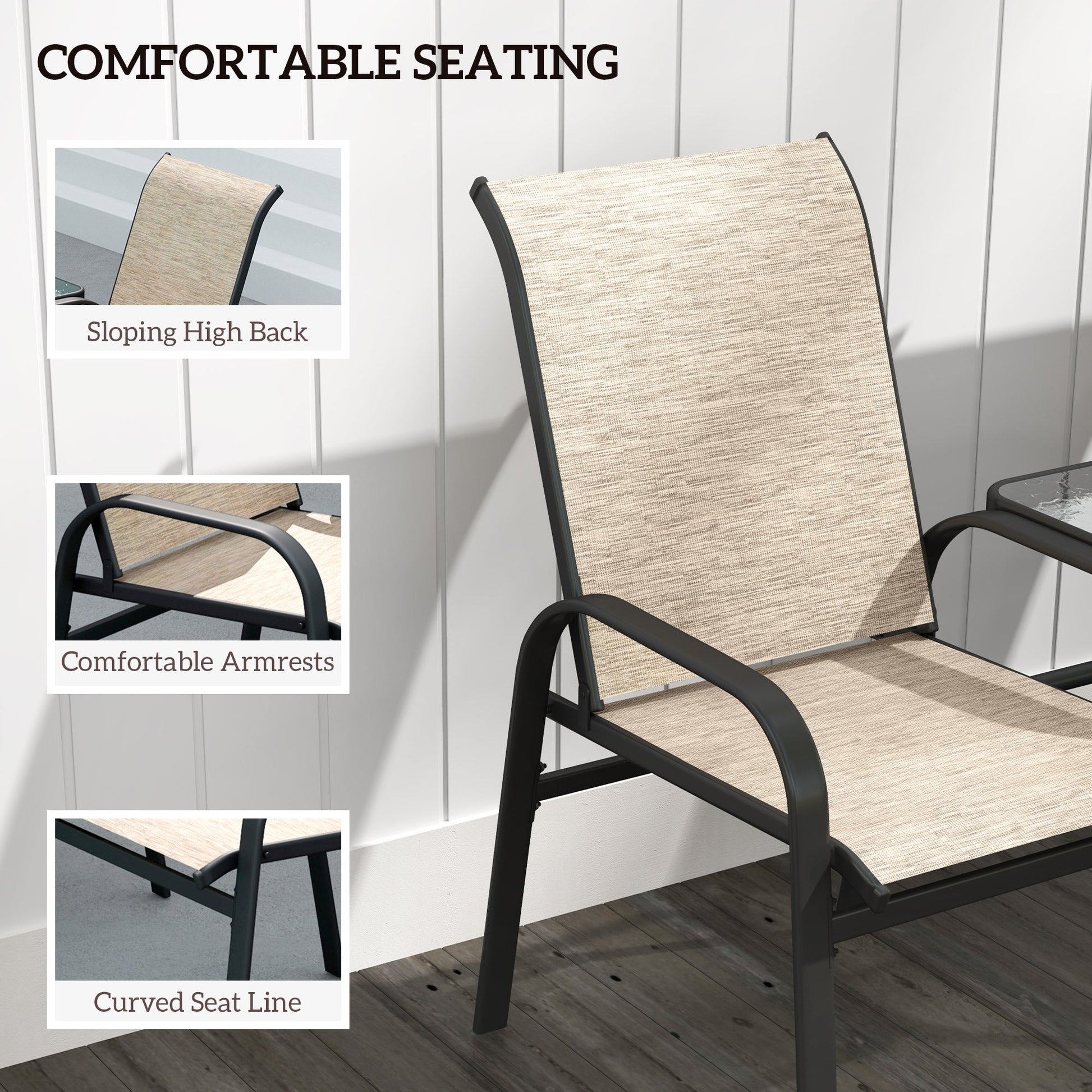 Outdoor Patio Loveseat, Outdoor Bench with Glass Table, Garden Bench with Breathable Mesh Seat, High Back, Armrests, 2-Seater Patio Furniture for Porch, Park, Brown
