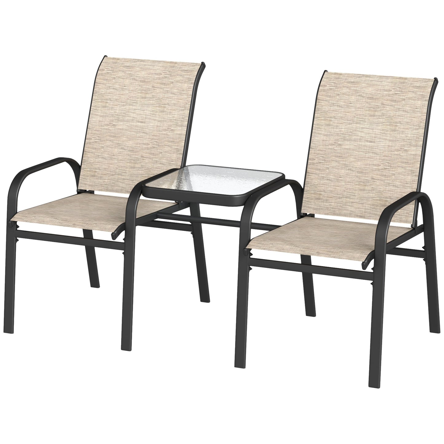 Outdoor Patio Loveseat, Outdoor Bench with Glass Table, Garden Bench with Breathable Mesh Seat, High Back, Armrests, 2-Seater Patio Furniture for Porch, Park, Brown