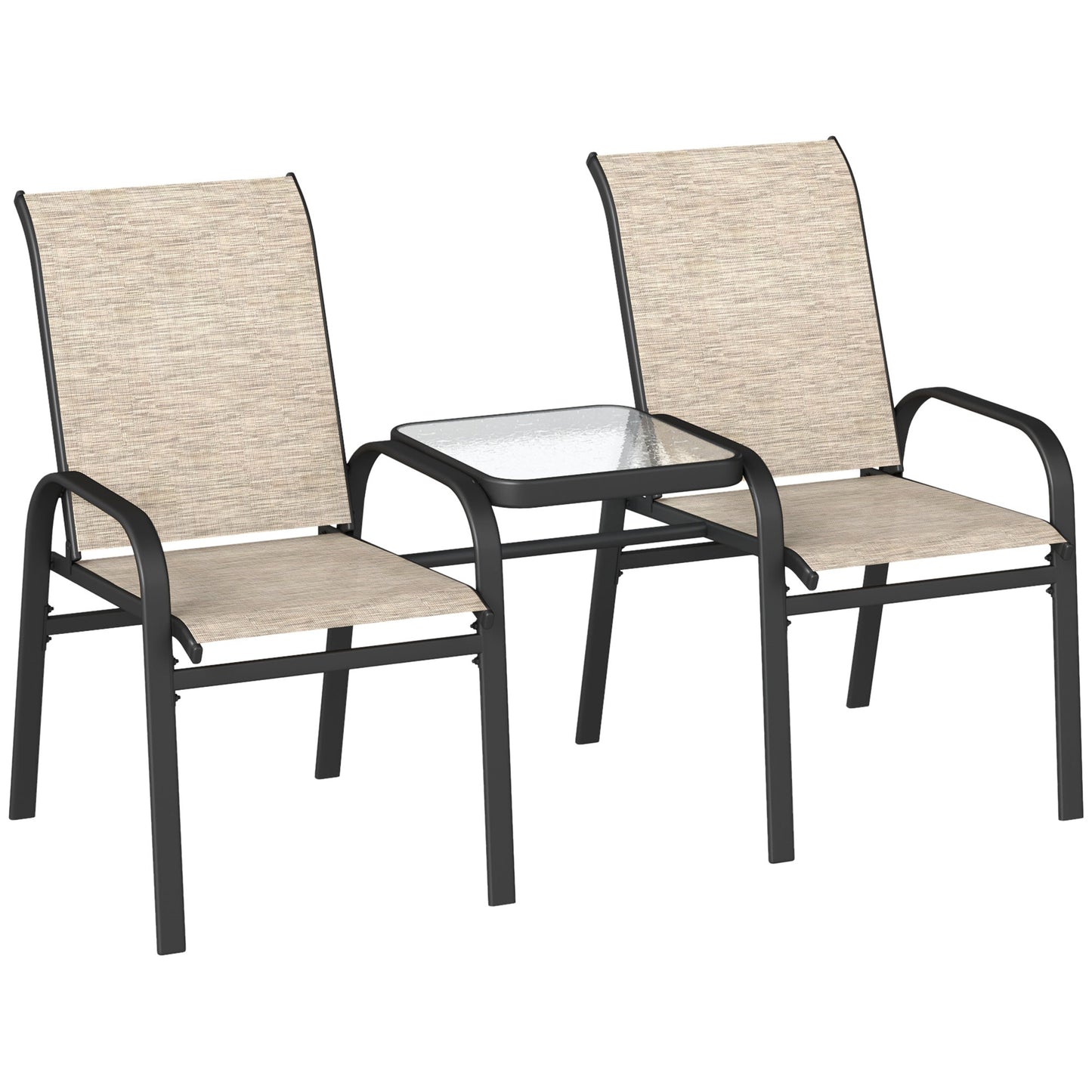 Outdoor Patio Loveseat, Outdoor Bench with Glass Table, Garden Bench with Breathable Mesh Seat, High Back, Armrests, 2-Seater Patio Furniture for Porch, Park, Brown
