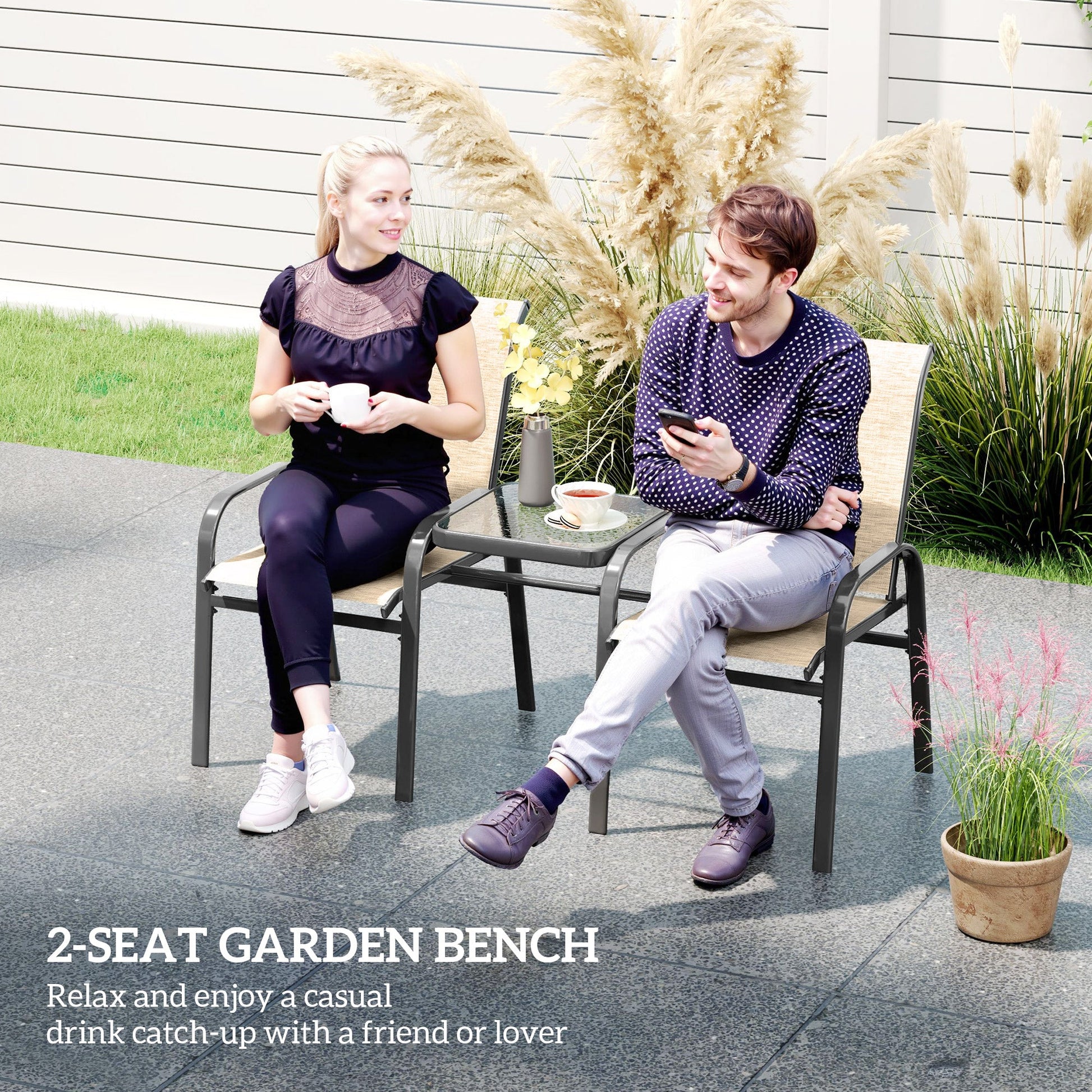 Outdoor Patio Loveseat, Outdoor Bench with Glass Table, Garden Bench with Breathable Mesh Seat, High Back, Armrests, 2-Seater Patio Furniture for Porch, Park, Brown