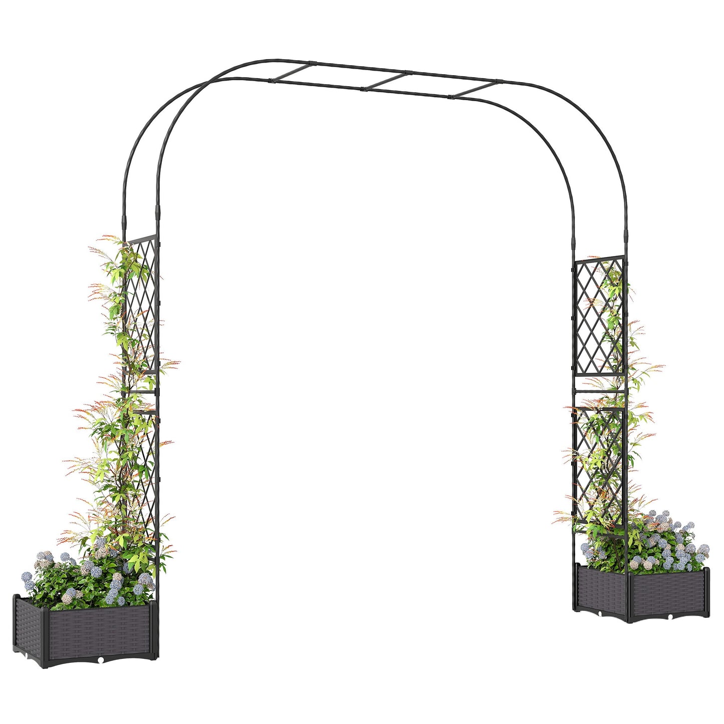 7.2ft Garden Arch with 2 Planter Boxes, PE-Coated Steel Outdoor Trellis Arbor for Climbing Plants, Wedding Arch for Party Outdoor Garden Backyard, Black