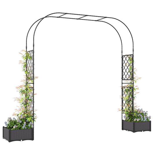 7.2ft Garden Arch with 2 Planter Boxes, PE-Coated Steel Outdoor Trellis Arbor for Climbing Plants, Wedding Arch for Party Outdoor Garden Backyard, Black
