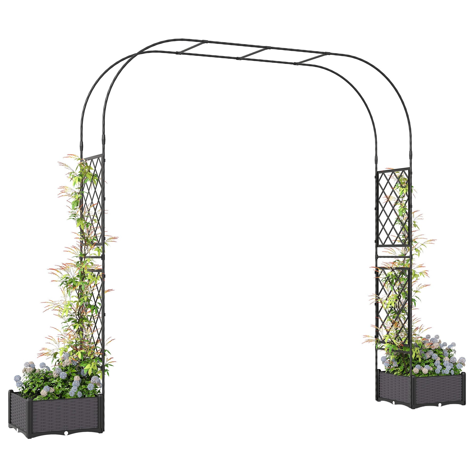 7.2ft Garden Arch with 2 Planter Boxes, PE-Coated Steel Outdoor Trellis Arbor for Climbing Plants, Wedding Arch for Party Outdoor Garden Backyard, Black