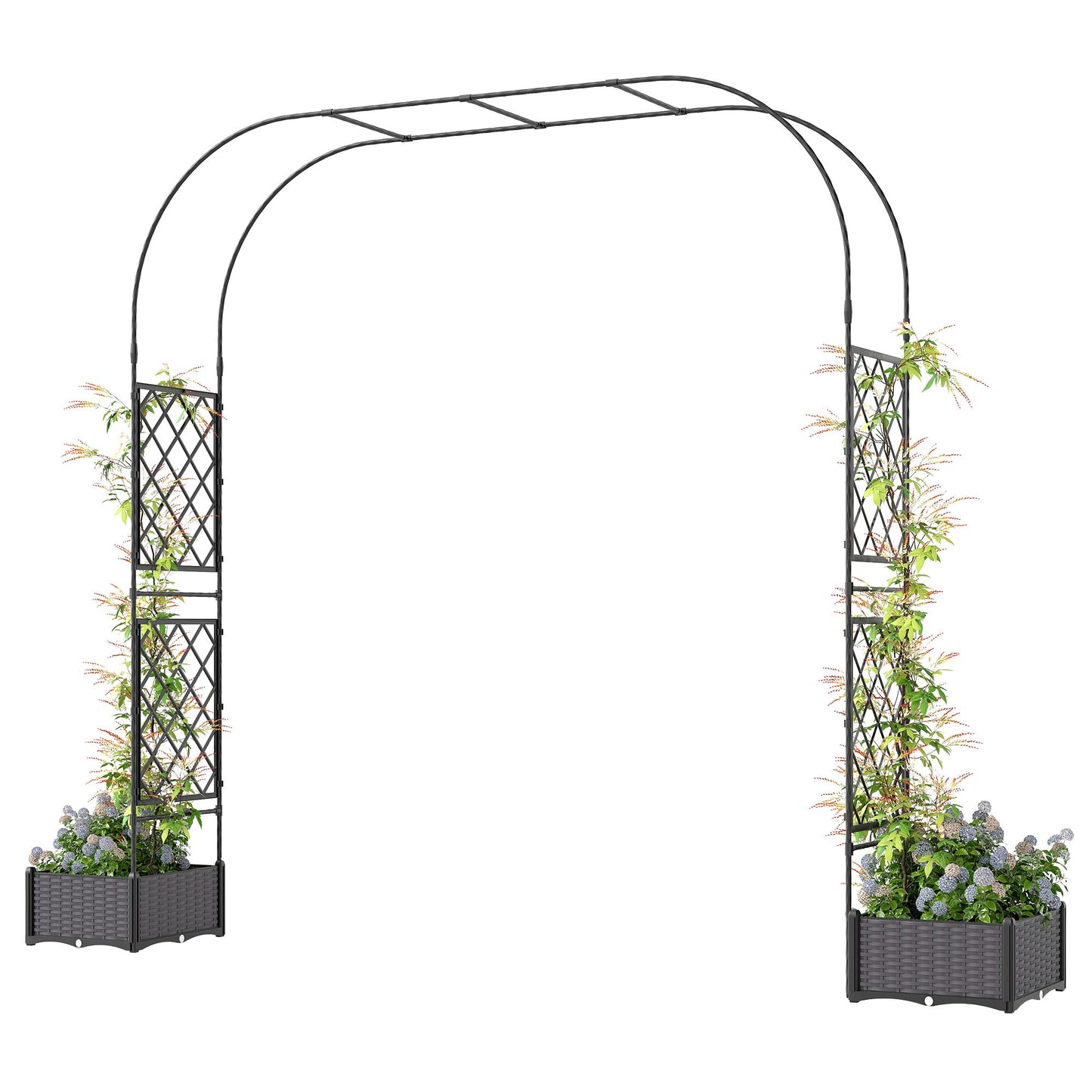 7.2ft Garden Arch with 2 Planter Boxes, PE-Coated Steel Outdoor Trellis Arbor for Climbing Plants, Wedding Arch for Party Outdoor Garden Backyard, Black