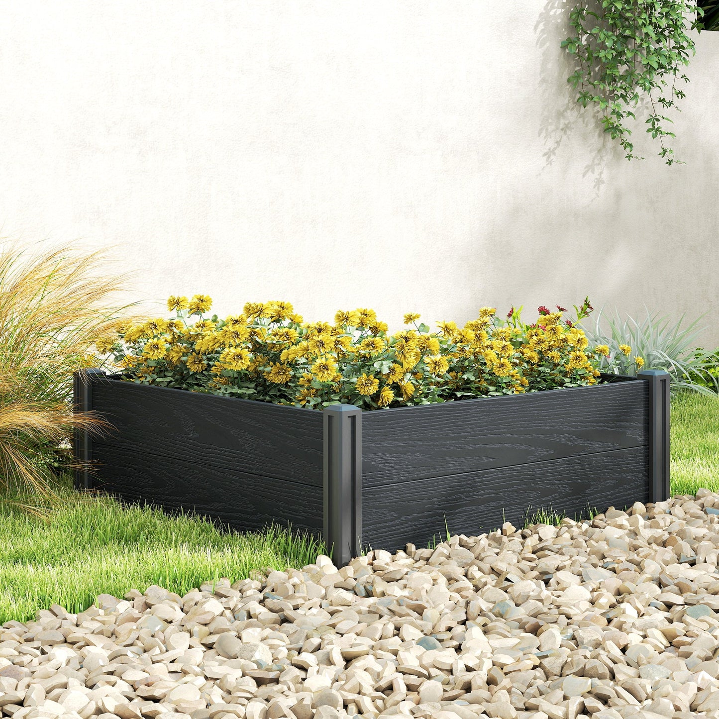 Vinyl Raised Garden Bed Kit, 3 x 3 x 1ft Elevated Garden Box with Open Bottom, Screwless Outdoor Planter Box for Flowers Herbs Vegetables, DIY Assembly, Grey Wood Effect