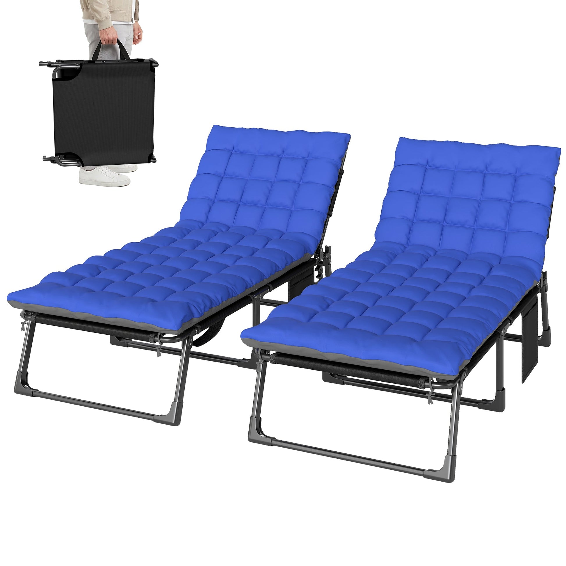 Lounge Chair Outdoor Set of 2, 75 cm Wide Folding Chaise Lounge Tanning Chair, 5-Position Beach Patio Lounger Camping Cot Bed with Cushion, Side Pocket, Dark Grey/Blue