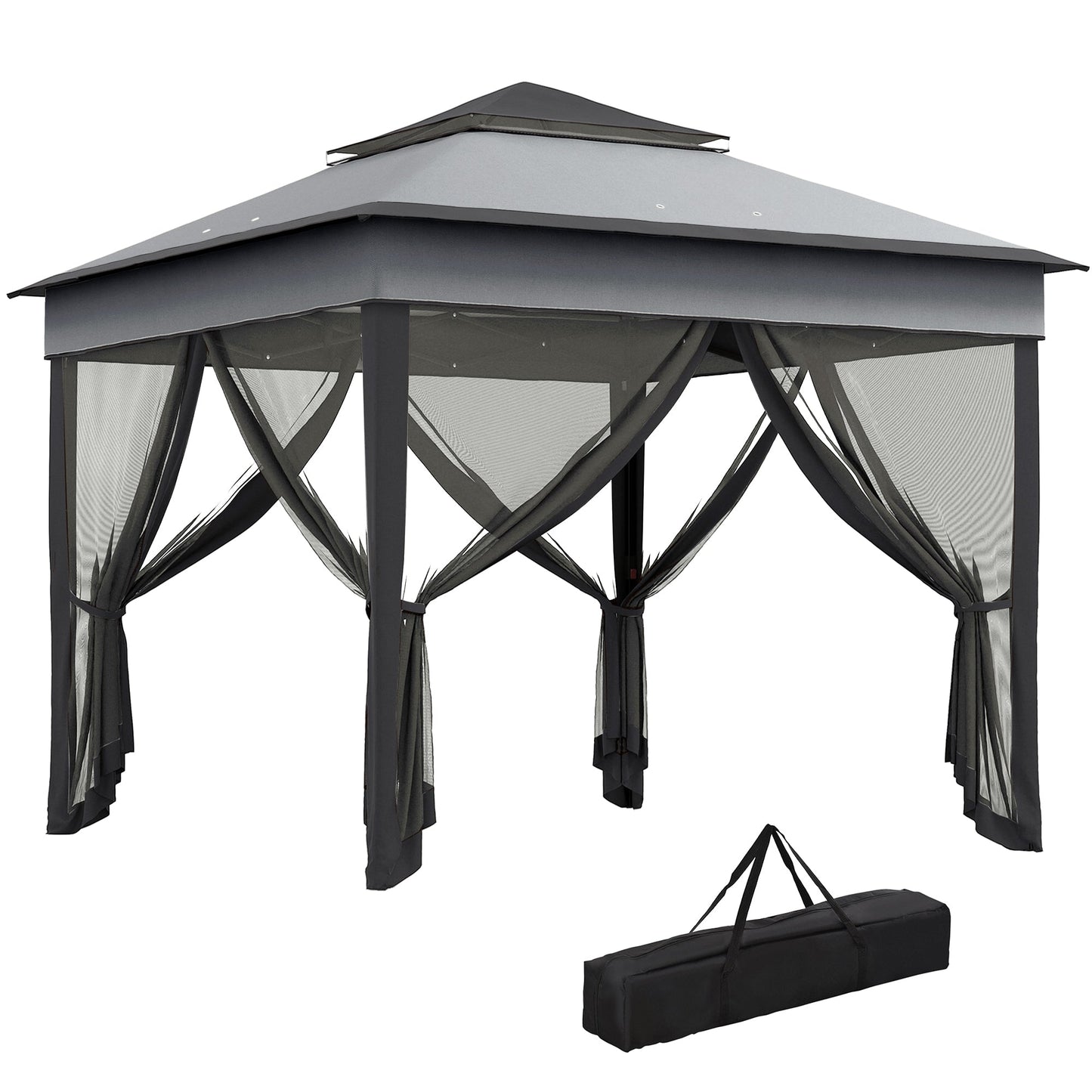 10.7 x 10.7ft Pop Up Camping Gazebo, Height Adjustable Instant Sun Shelter with UV30+ Roof Cover, Removable Mesh Curtains and Carrying Bag for Patio, Backyard, Dark Grey