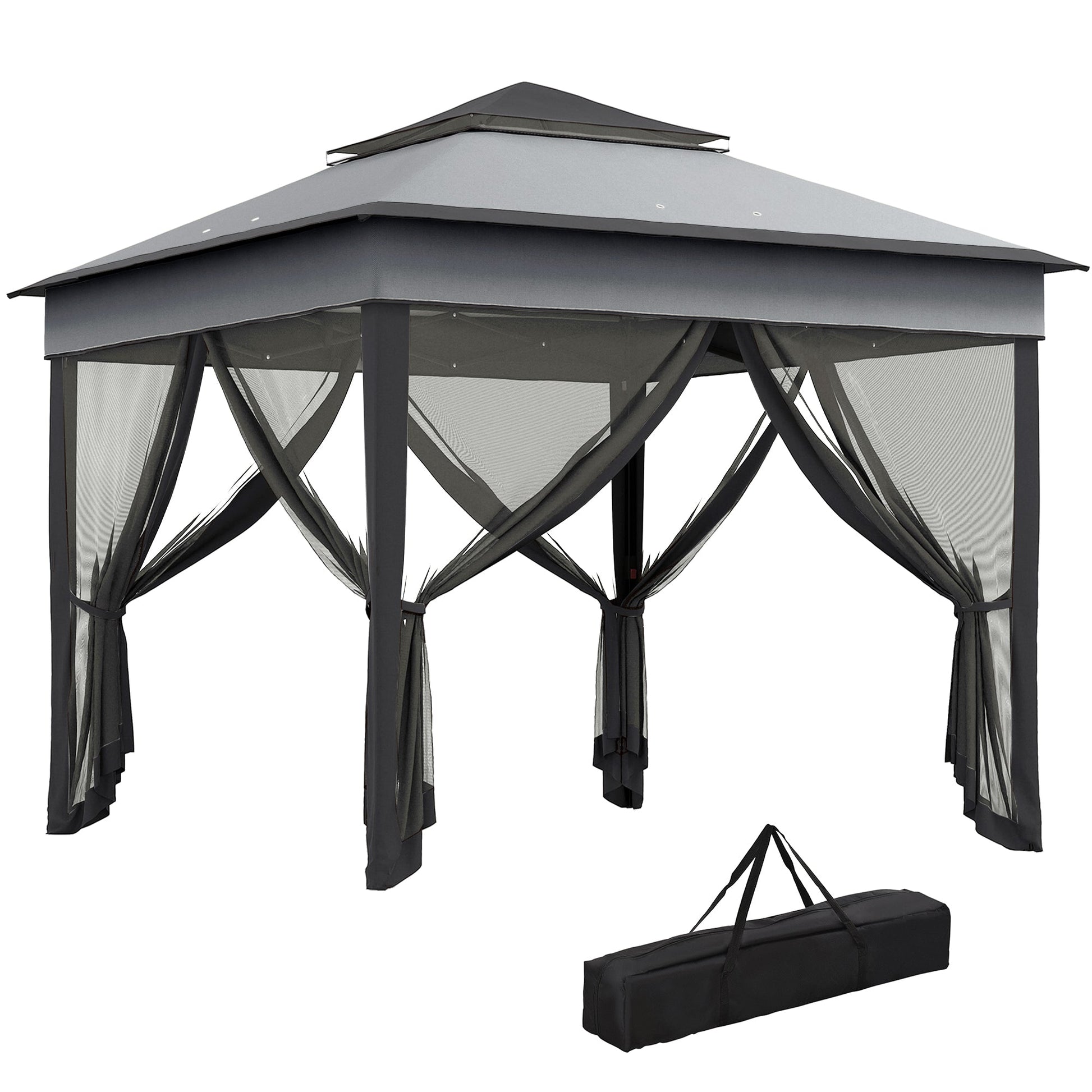 10.7 x 10.7ft Pop Up Camping Gazebo, Height Adjustable Instant Sun Shelter with UV30+ Roof Cover, Removable Mesh Curtains and Carrying Bag for Patio, Backyard, Dark Grey