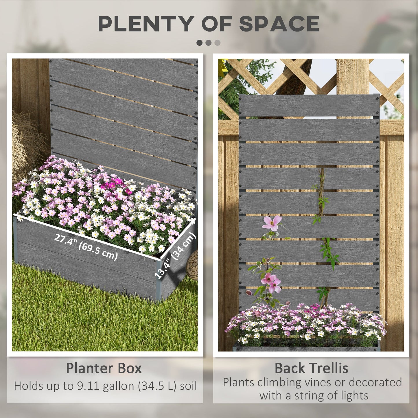 Raised Garden Bed with Trellis for Climbing Plants, 28" x 15" x 59" Planter Box with Self Draining Gap, Freestanding Trellis Planter for Outdoor, Patio, Dark Grey