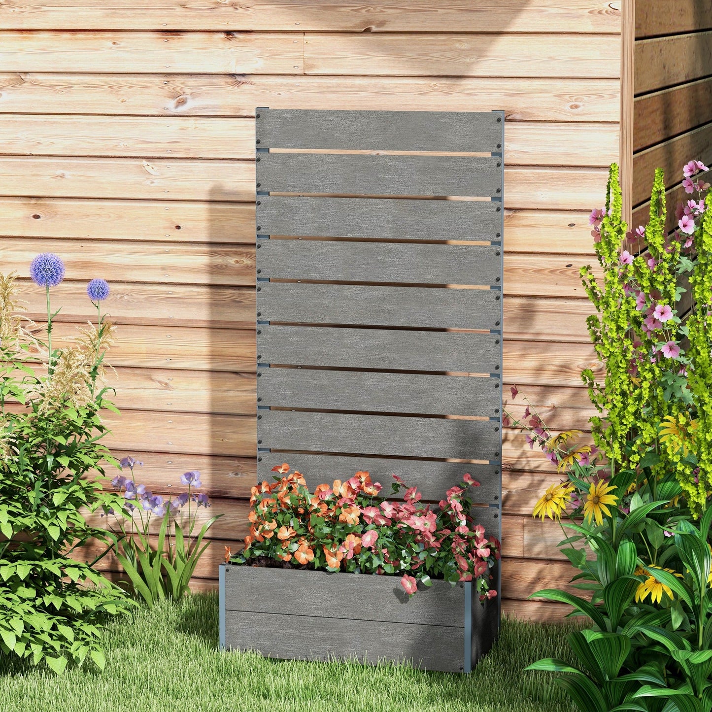 Raised Garden Bed with Trellis for Climbing Plants, 28" x 15" x 59" Planter Box with Self Draining Gap, Freestanding Trellis Planter for Outdoor, Patio, Dark Grey