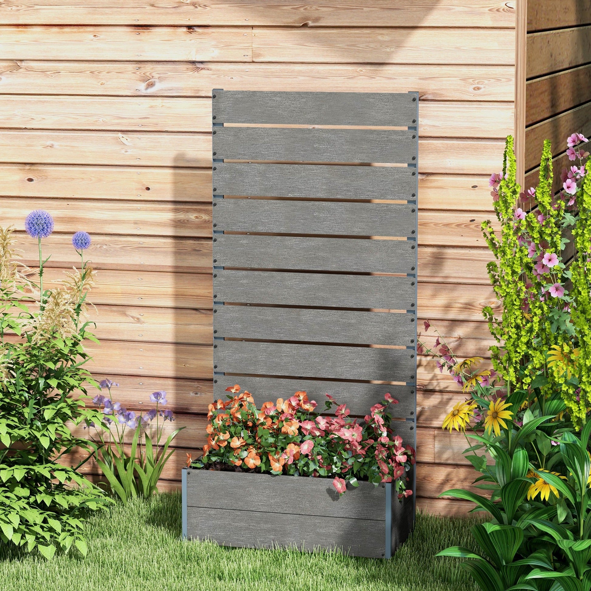 Raised Garden Bed with Trellis for Climbing Plants, 28" x 15" x 59" Planter Box with Self Draining Gap, Freestanding Trellis Planter for Outdoor, Patio, Dark Grey