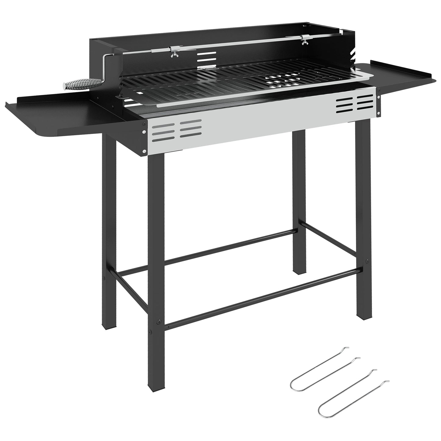 Rotisserie Grill Roaster, Charcoal BBQ Split Roaster for Chicken or Turkey with 3-Level Grill Grate, Foldable Storage Shelves, and Wind Deflector, Stainless Steel, Black