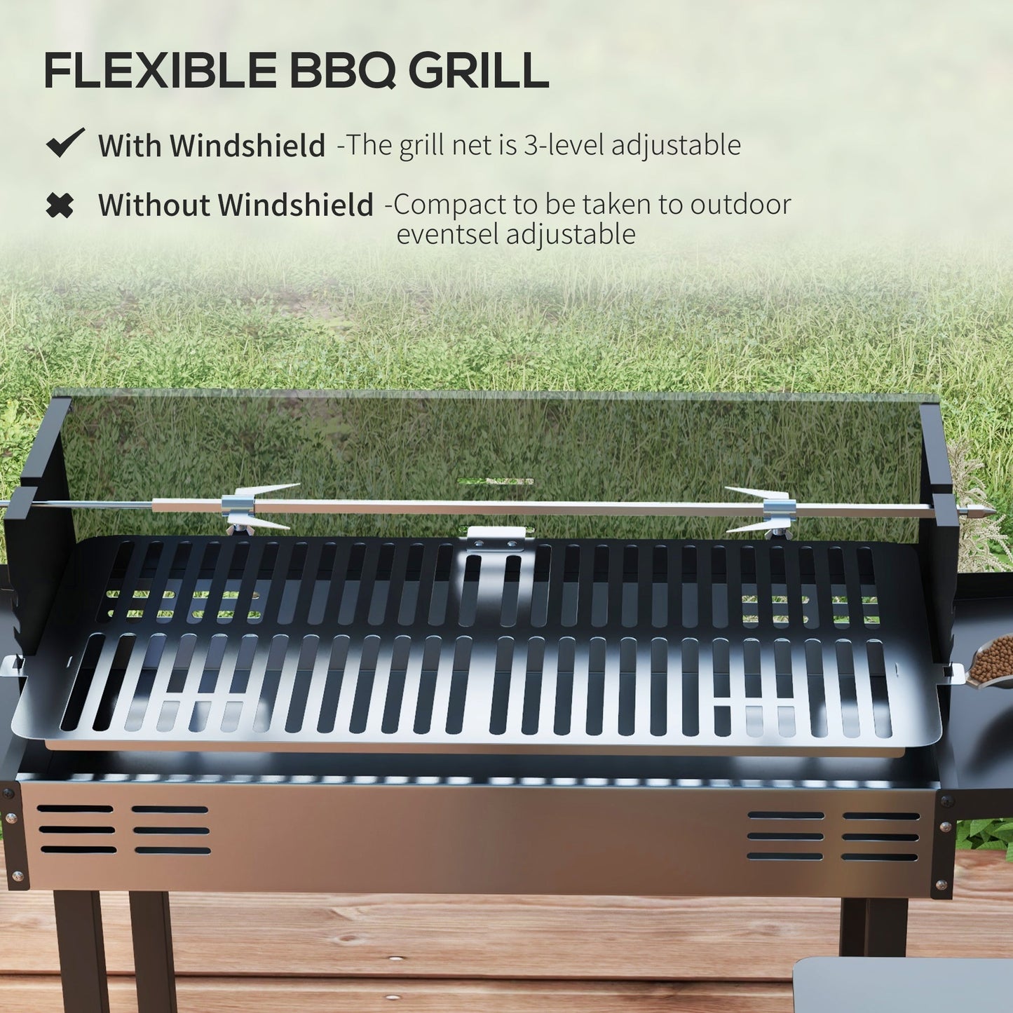 Rotisserie Grill Roaster, Charcoal BBQ Split Roaster for Chicken or Turkey with 3-Level Grill Grate, Foldable Storage Shelves, and Wind Deflector, Stainless Steel, Black
