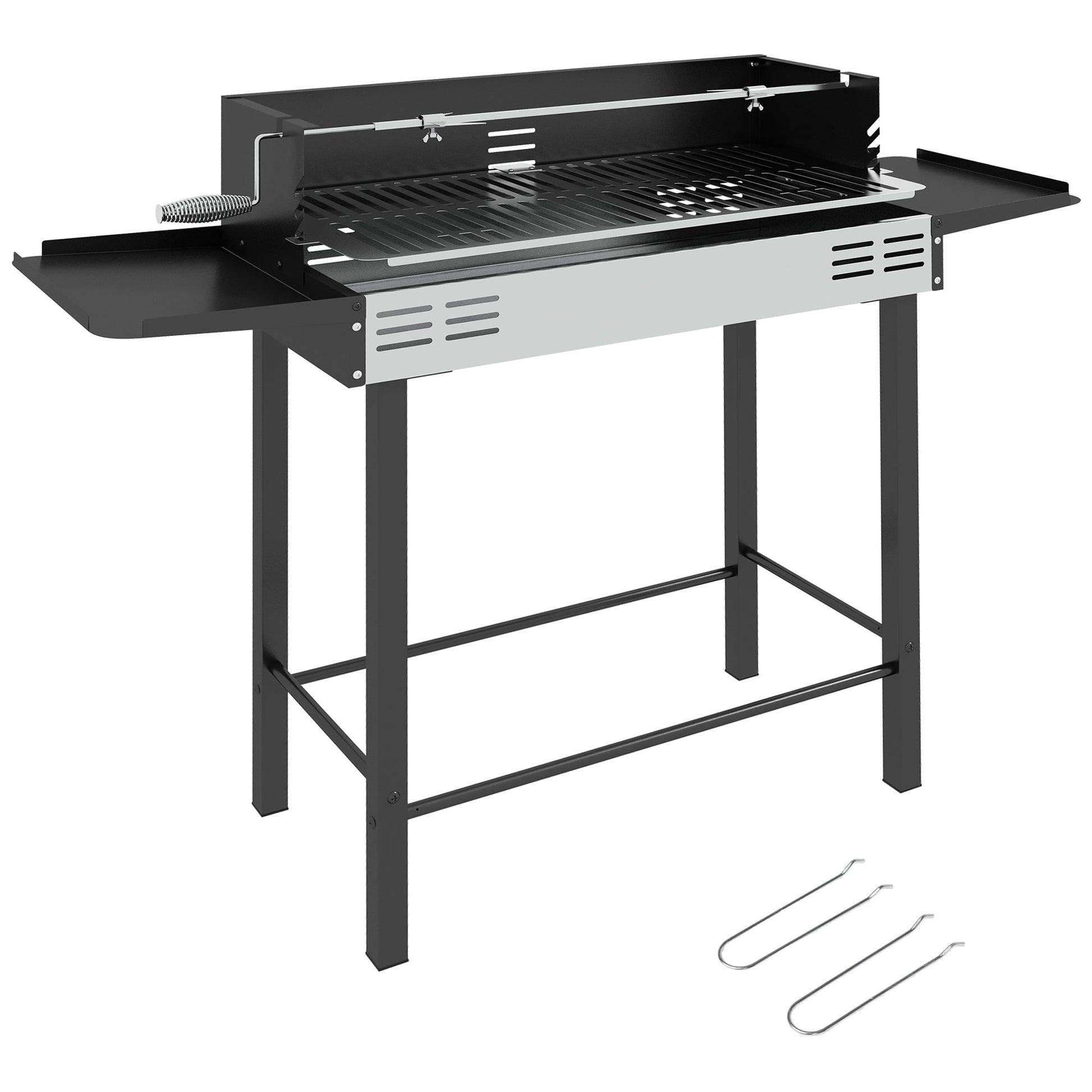 Rotisserie Grill Roaster, Charcoal BBQ Split Roaster for Chicken or Turkey with 3-Level Grill Grate, Foldable Storage Shelves, and Wind Deflector, Stainless Steel, Black