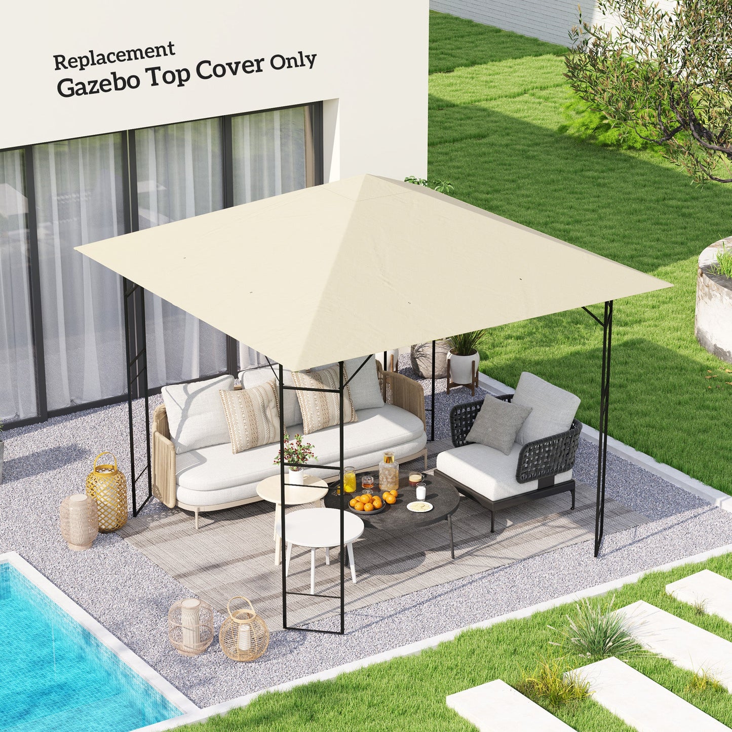 10' x 10' Gazebo Replacement Canopy Cover, Outdoor Gazebo Roof Replacement with Drain Holes, Water Resistant PVC Coating, 370g/㎡, UPF30+, TOP COVER ONLY, Cream White