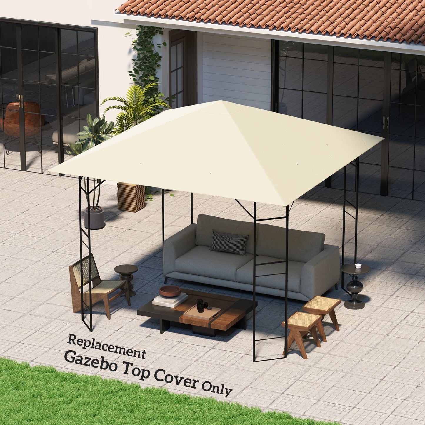 10' x 10' Gazebo Replacement Canopy Cover, Outdoor Gazebo Roof Replacement with Drain Holes, Water Resistant PVC Coating, 370g/㎡, UPF30+, TOP COVER ONLY, Cream White