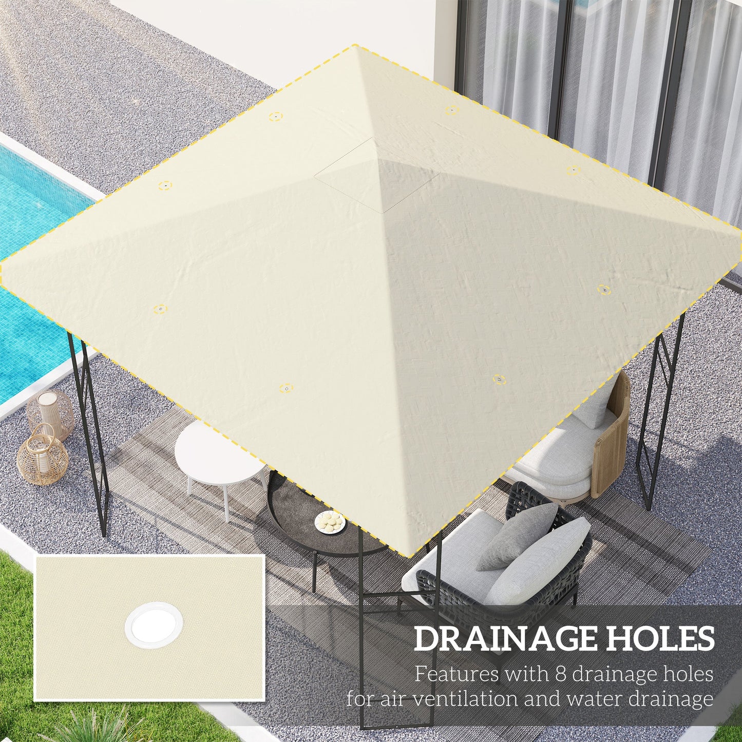10' x 10' Gazebo Replacement Canopy Cover, Outdoor Gazebo Roof Replacement with Drain Holes, Water Resistant PVC Coating, 370g/㎡, UPF30+, TOP COVER ONLY, Cream White