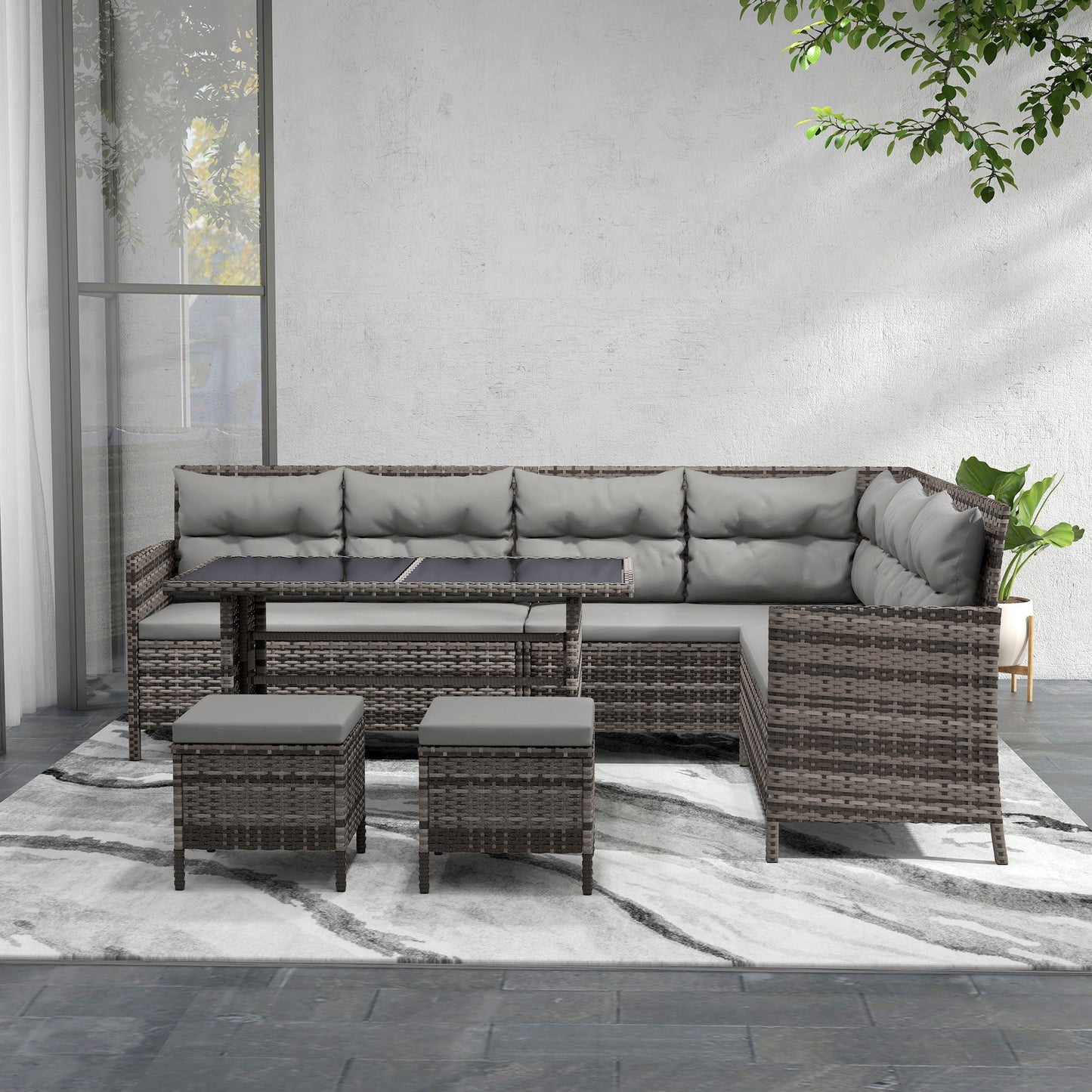 6 Pieces Patio Dining Set Wicker Outdoor Furniture Set Garden Rattan Sofa Set Outdoor Sectional Couch with Cushions, Dining Table and Ottomans, Light Grey
