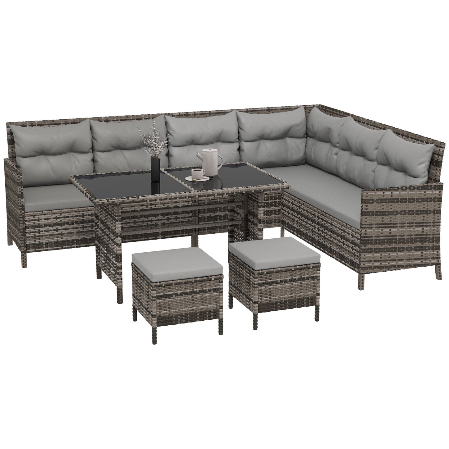 6 Pieces Patio Dining Set Wicker Outdoor Furniture Set Garden Rattan Sofa Set Outdoor Sectional Couch with Cushions, Dining Table and Ottomans, Light Grey