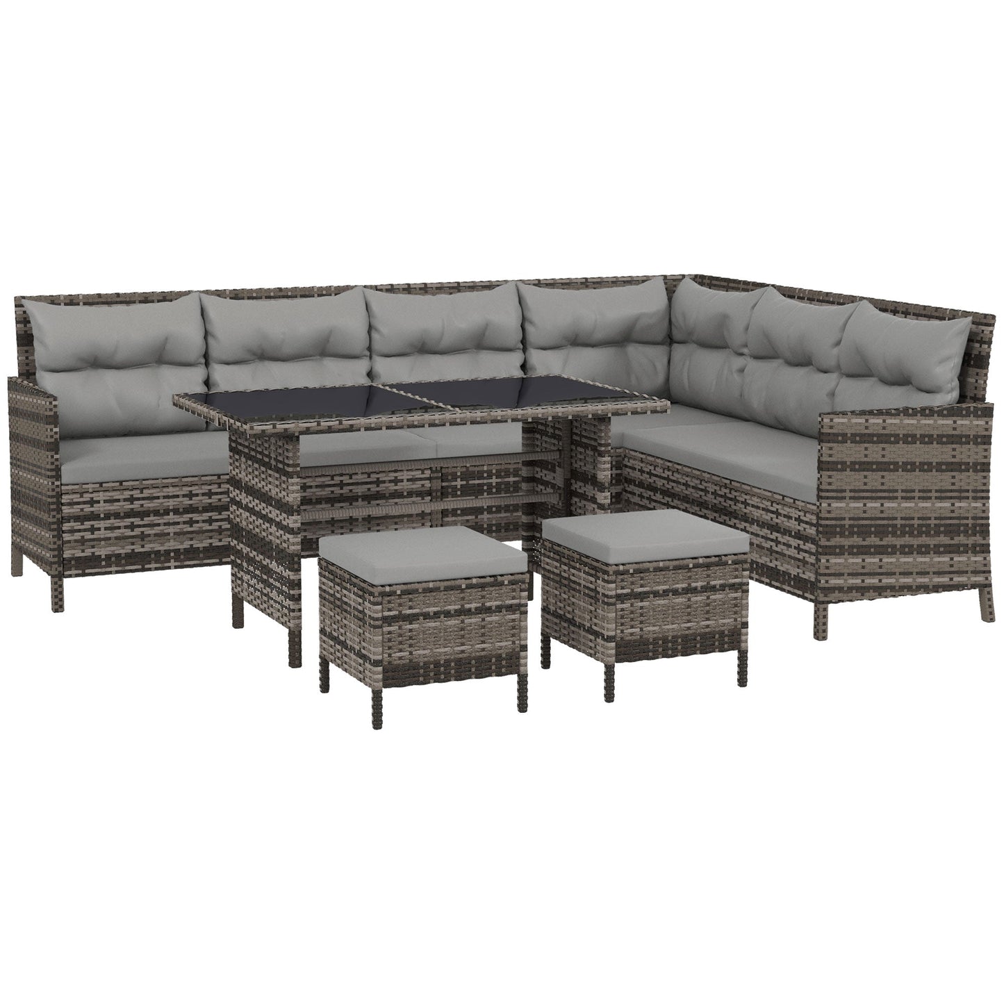 6 Pieces Patio Dining Set Wicker Outdoor Furniture Set Garden Rattan Sofa Set Outdoor Sectional Couch with Cushions, Dining Table and Ottomans, Light Grey