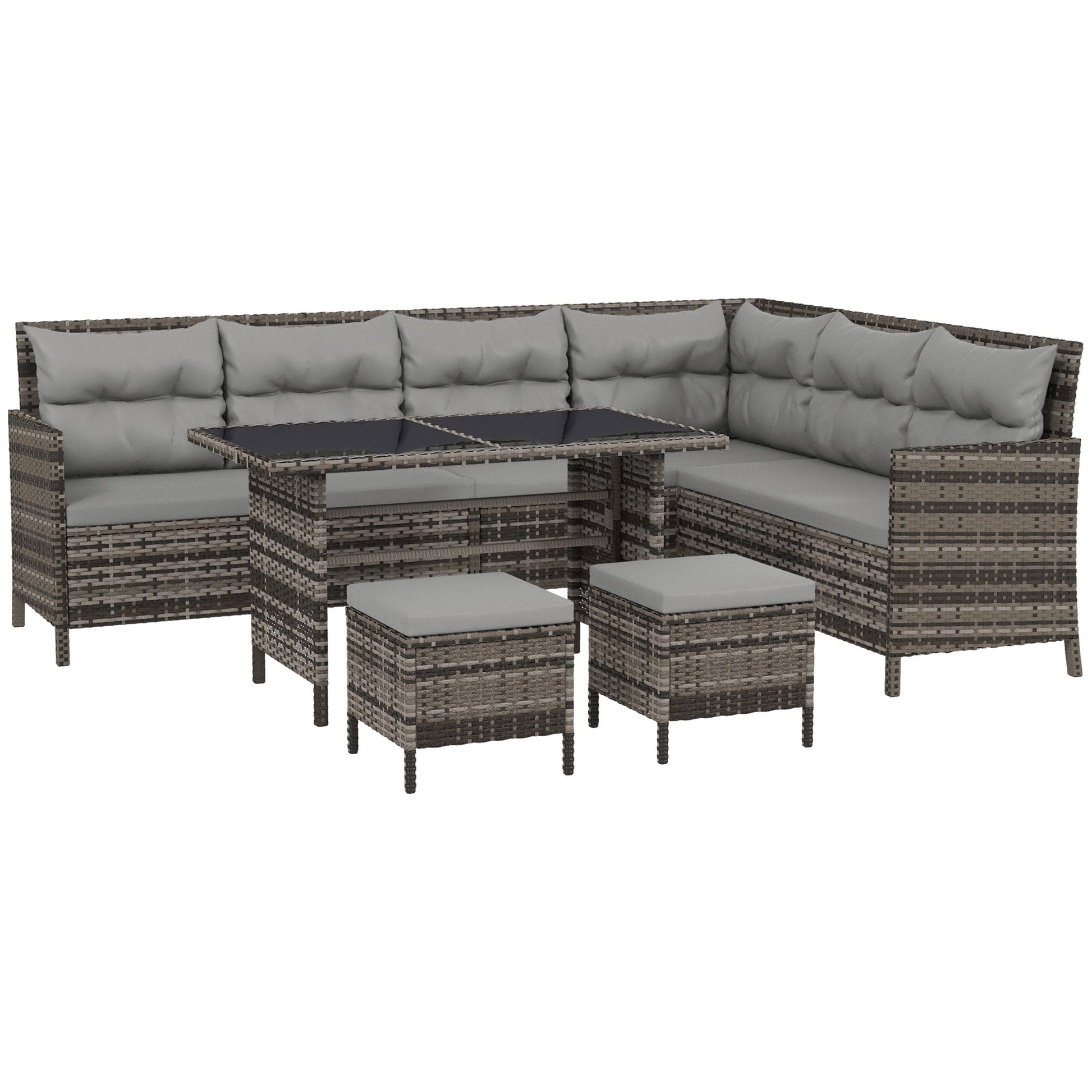 6 Pieces Patio Dining Set Wicker Outdoor Furniture Set Garden Rattan Sofa Set Outdoor Sectional Couch with Cushions, Dining Table and Ottomans, Light Grey