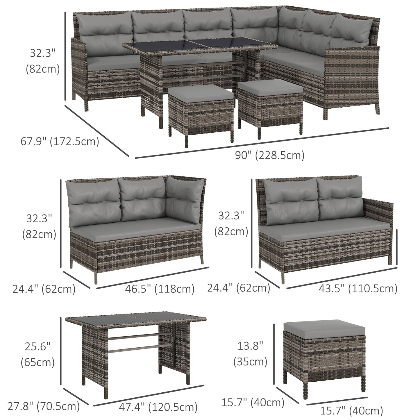 6 Pieces Patio Dining Set Wicker Outdoor Furniture Set Garden Rattan Sofa Set Outdoor Sectional Couch with Cushions, Dining Table and Ottomans, Light Grey