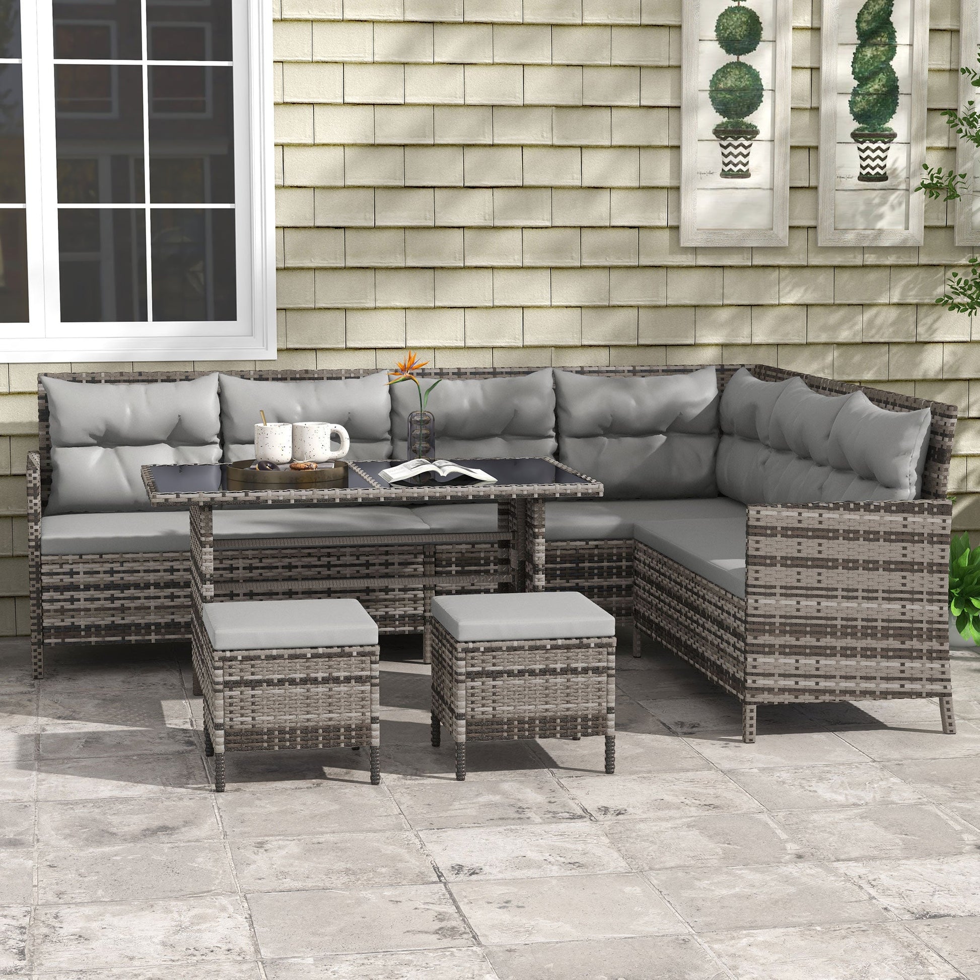 6 Pieces Patio Dining Set Wicker Outdoor Furniture Set Garden Rattan Sofa Set Outdoor Sectional Couch with Cushions, Dining Table and Ottomans, Light Grey