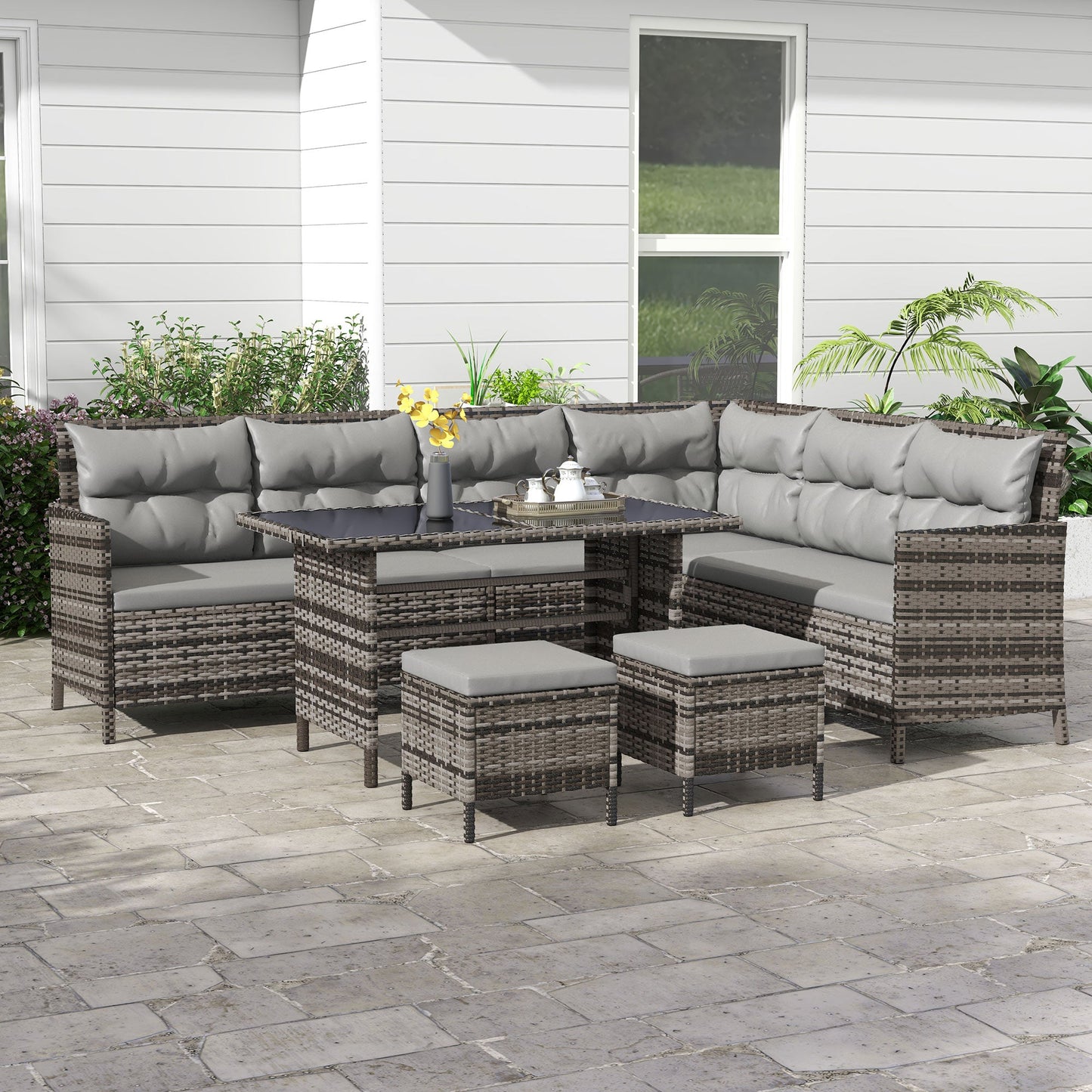 6 Pieces Patio Dining Set Wicker Outdoor Furniture Set Garden Rattan Sofa Set Outdoor Sectional Couch with Cushions, Dining Table and Ottomans, Light Grey