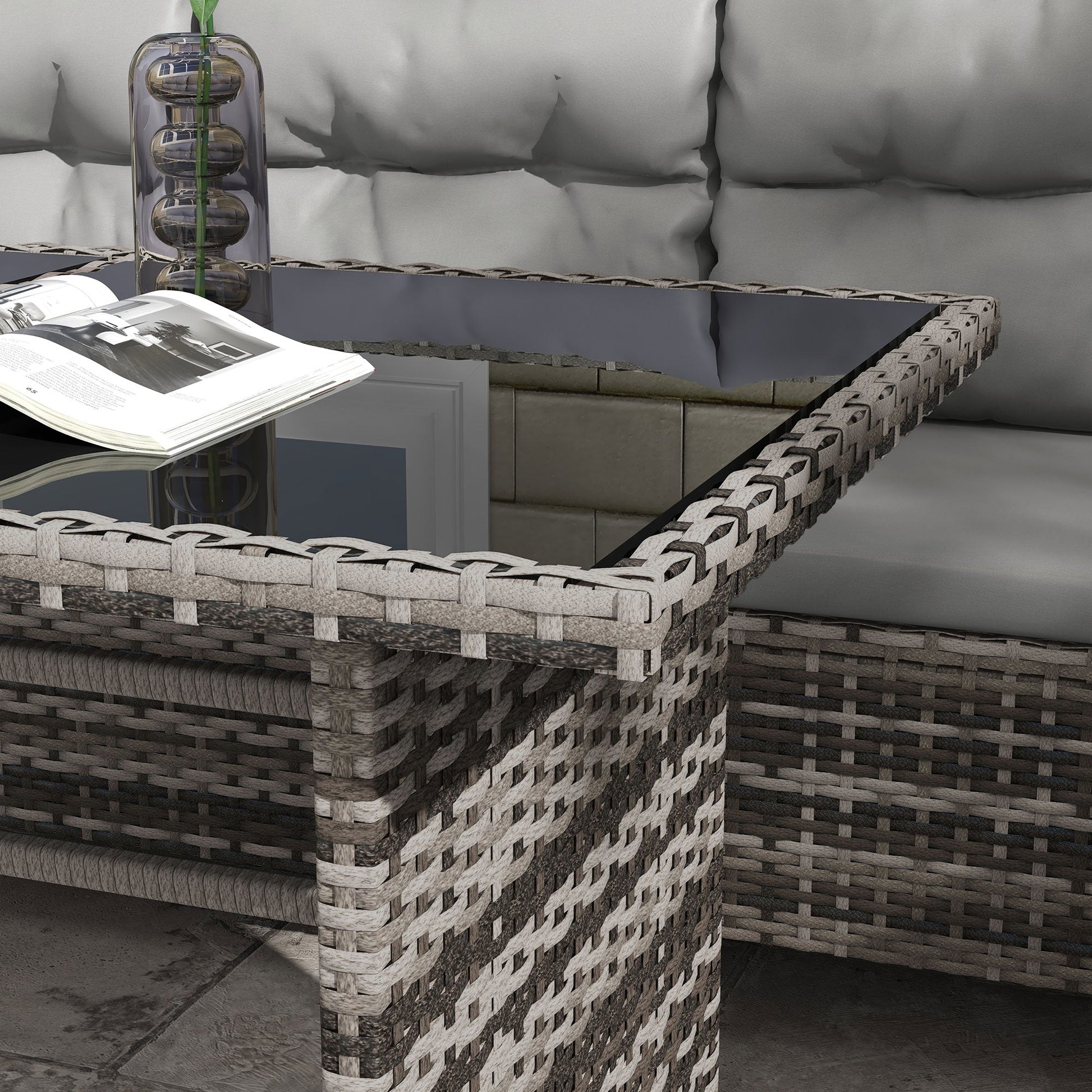 6 Pieces Patio Dining Set Wicker Outdoor Furniture Set Garden Rattan Sofa Set Outdoor Sectional Couch with Cushions, Dining Table and Ottomans, Light Grey