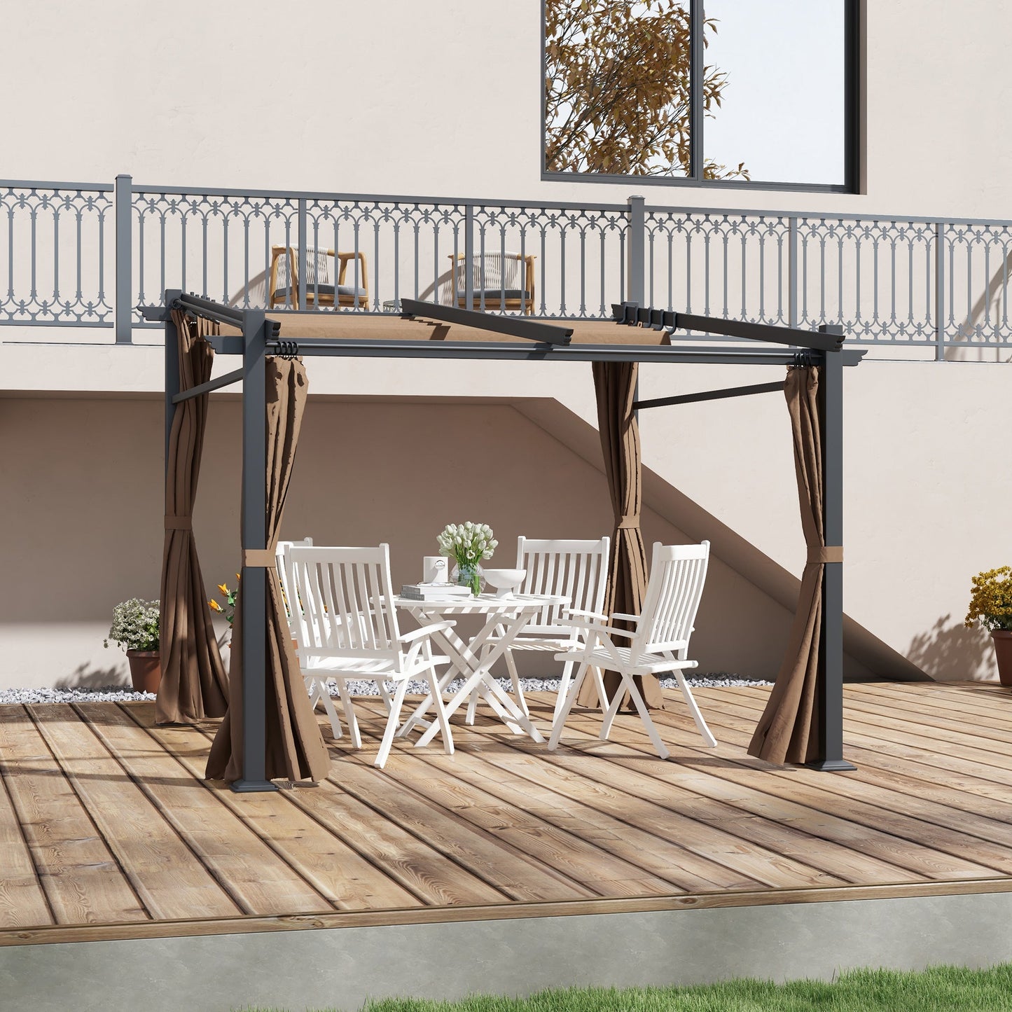 10' x 10' Metal Pergola with Sliding Roof Canopy, Retractable Pergola Canopy for Outdoor, Patio, Coffee