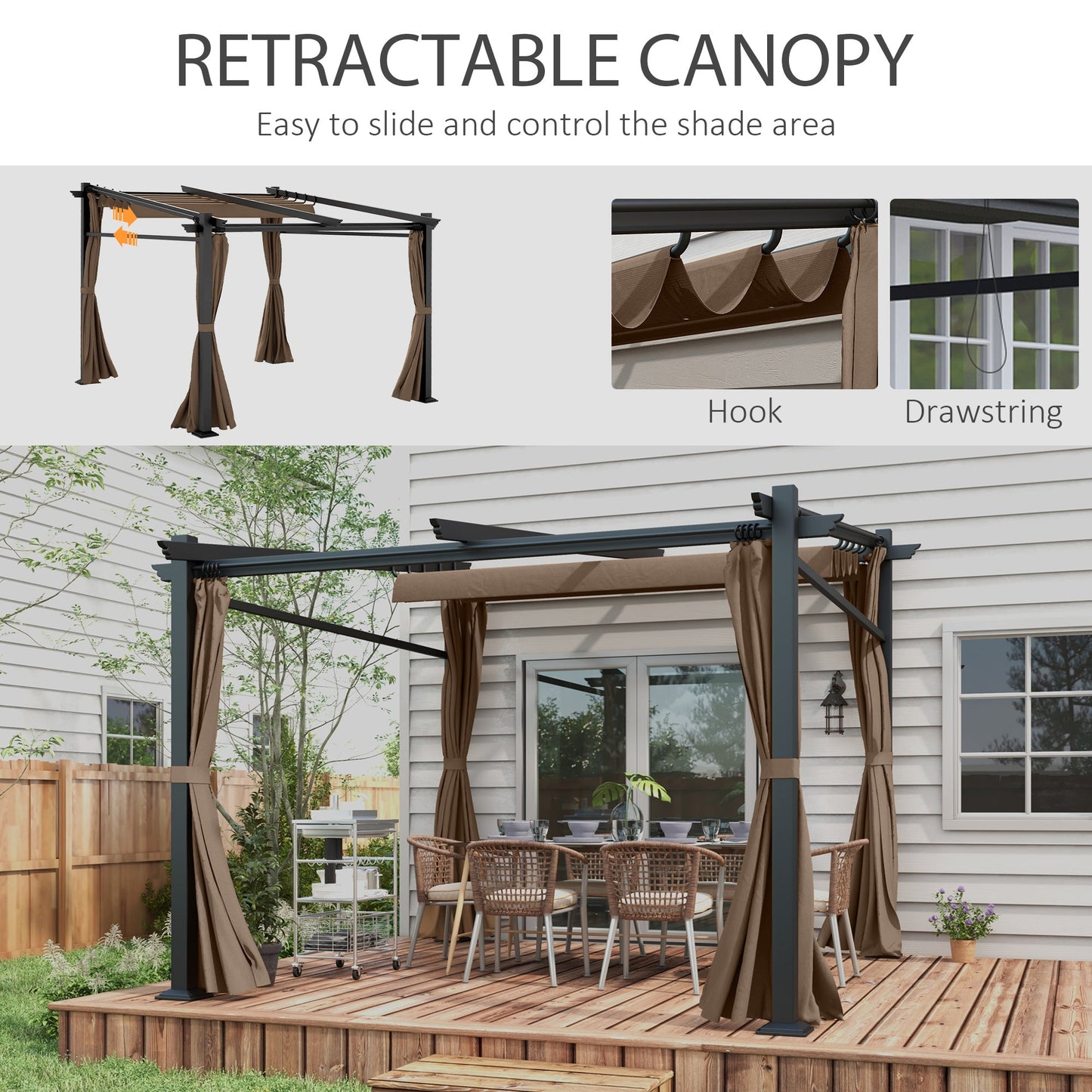 10' x 10' Metal Pergola with Sliding Roof Canopy, Retractable Pergola Canopy for Outdoor, Patio, Coffee
