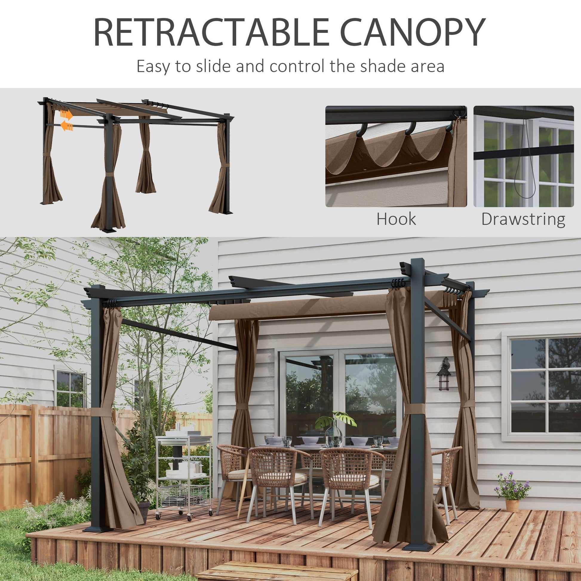 10' x 10' Metal Pergola with Sliding Roof Canopy, Retractable Pergola Canopy for Outdoor, Patio, Coffee