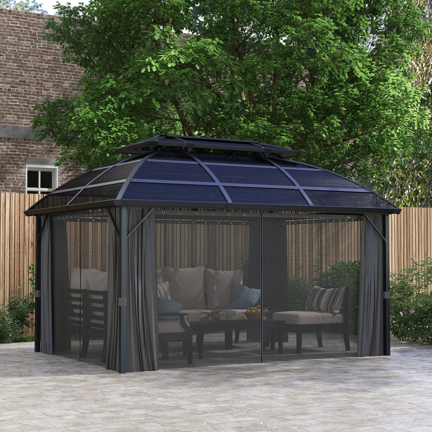 13' x 10' Patio Gazebo, Double Roof Outdoor Gazebo Canopy Shelter with Curtains, Nettings and Aluminium Frame for Garden, Lawn, Backyard and Deck, Black