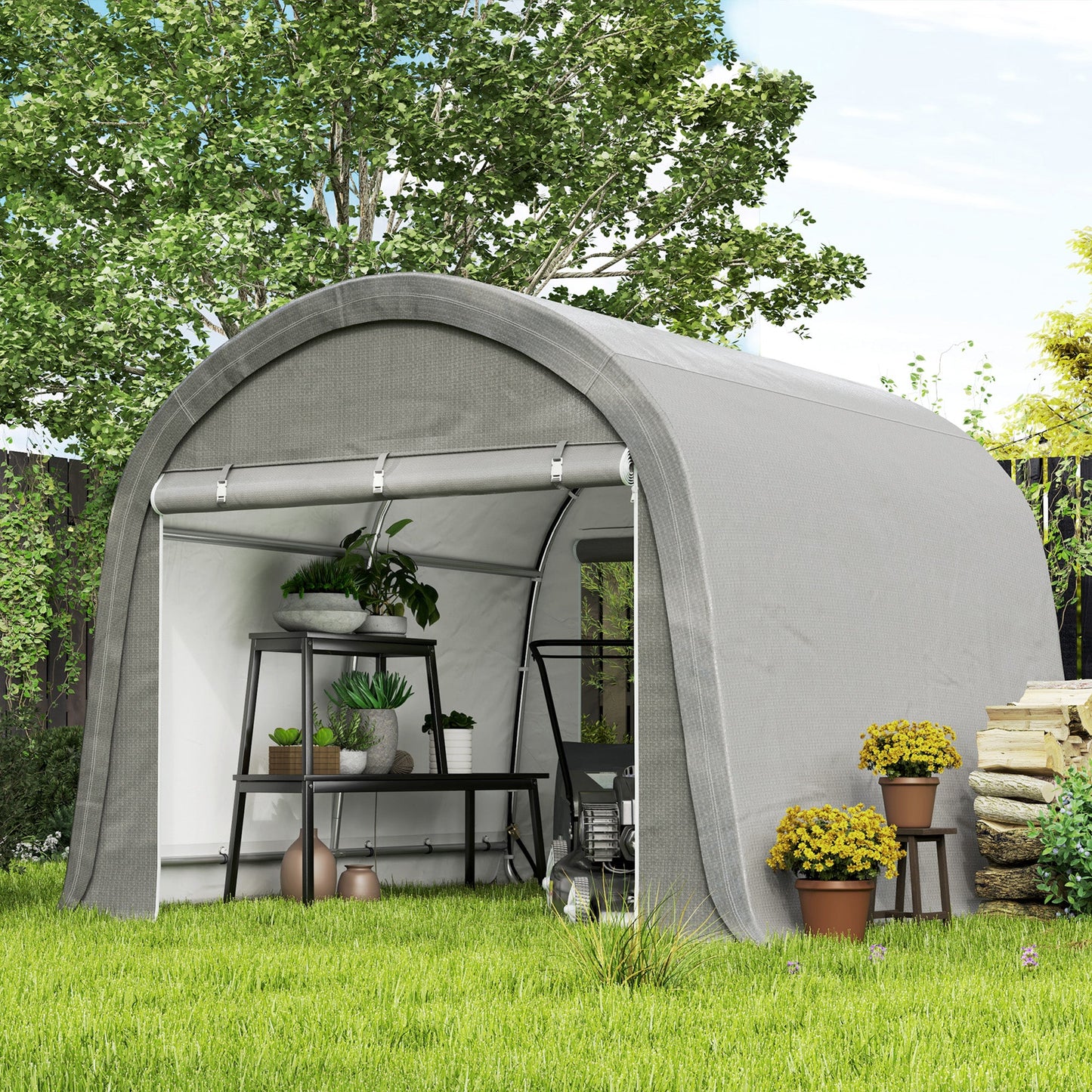 10' x 10' Garden Storage Tent, Heavy Duty Outdoor Shed, Waterproof Portable Shed Storage Shelter with Galvanized Steel Frame for Bike, Motorcycle, Garden Tools, Light Grey