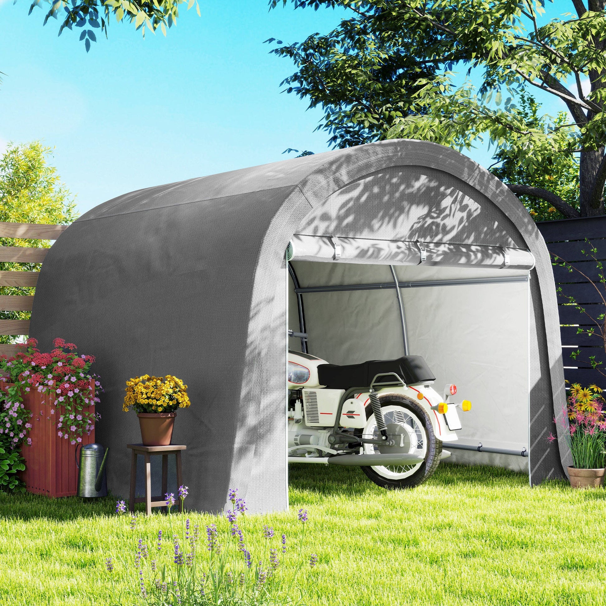 10' x 10' Garden Storage Tent, Heavy Duty Outdoor Shed, Waterproof Portable Shed Storage Shelter with Galvanized Steel Frame for Bike, Motorcycle, Garden Tools, Light Grey