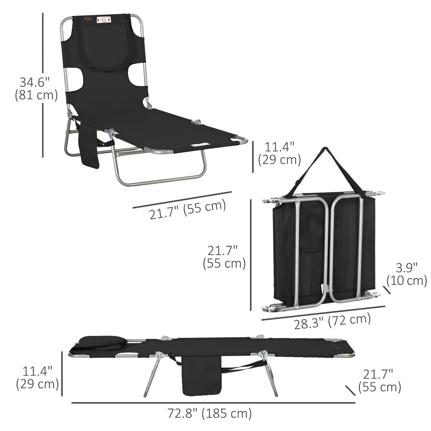 Folding Lounge Chair Outdoor Tanning Chair with Face Hole, 5-Position Reclining Sun Lounger Chaise Lounge Cot with Side Pocket, Carry Strap for Beach Pool, Yard, Black