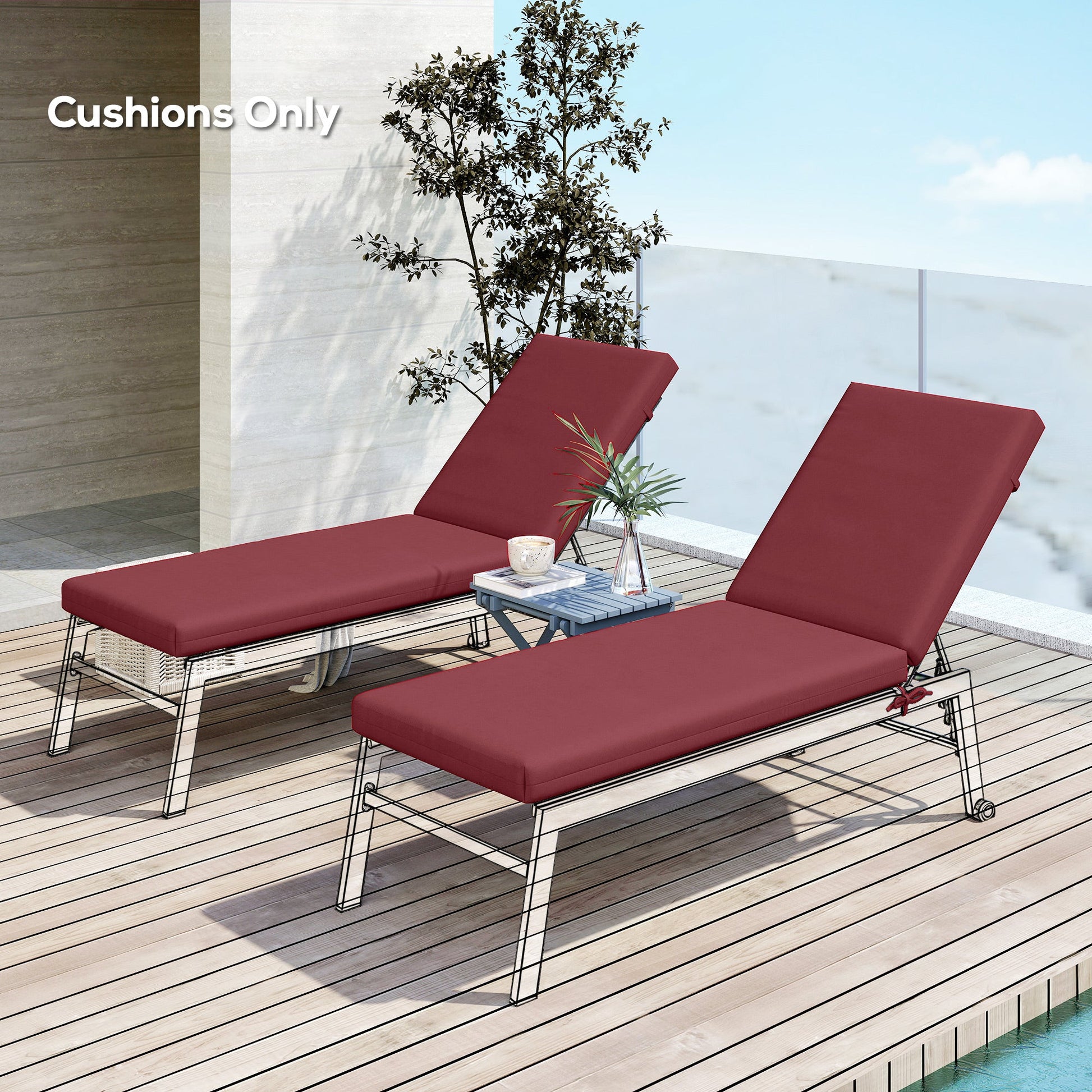 2-Piece Patio Chair Cushions Pillows, Seat Replacement Patio Cushions Set with Ties for Indoor Outdoor Garden Furniture, Wine Red